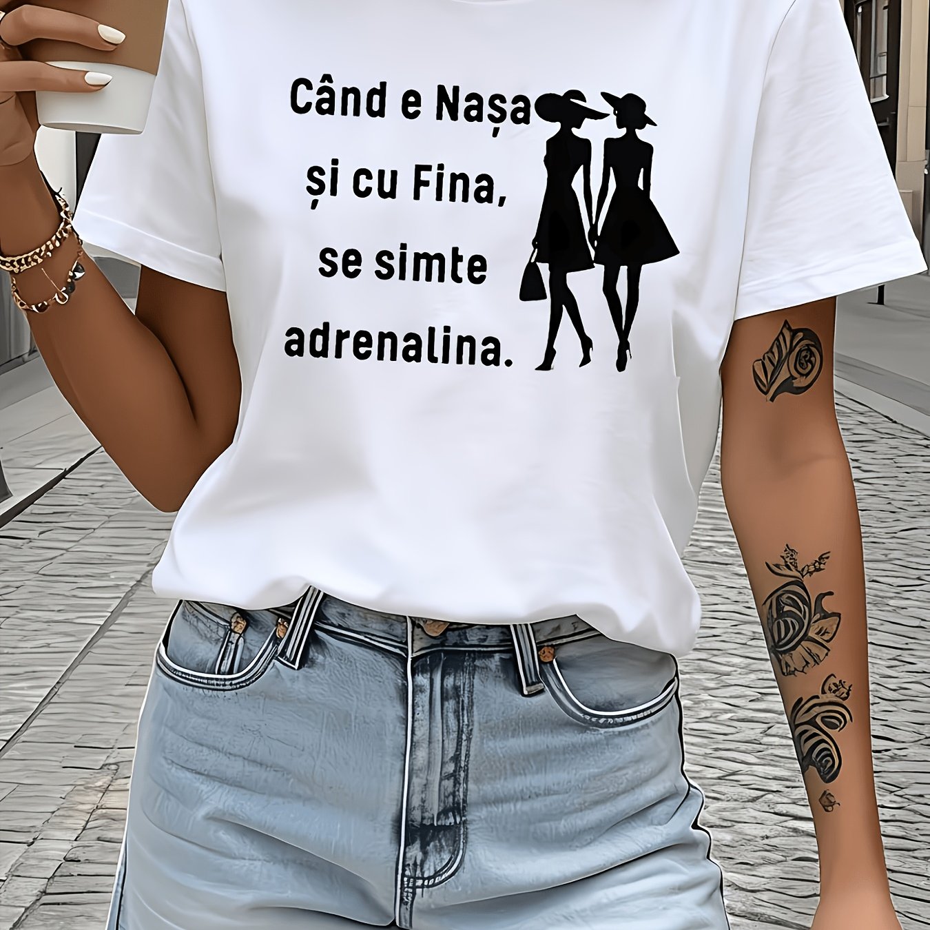 TEMU Romanian " Na?a ?i Cu , Se Simte " Text Print Women's Round Neck Spring Summer T-shirt Short Sleeve, Emotion , Individual Outfit, Casual Outing