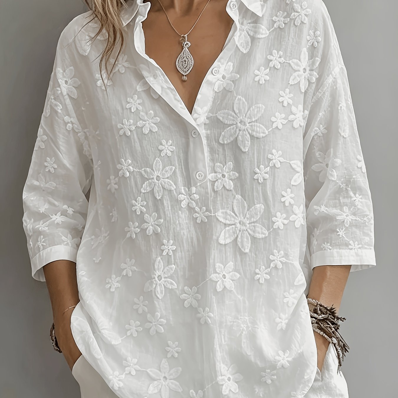 St25067 Women's Spring/autumn Fashion Solid V-neck Blouse
