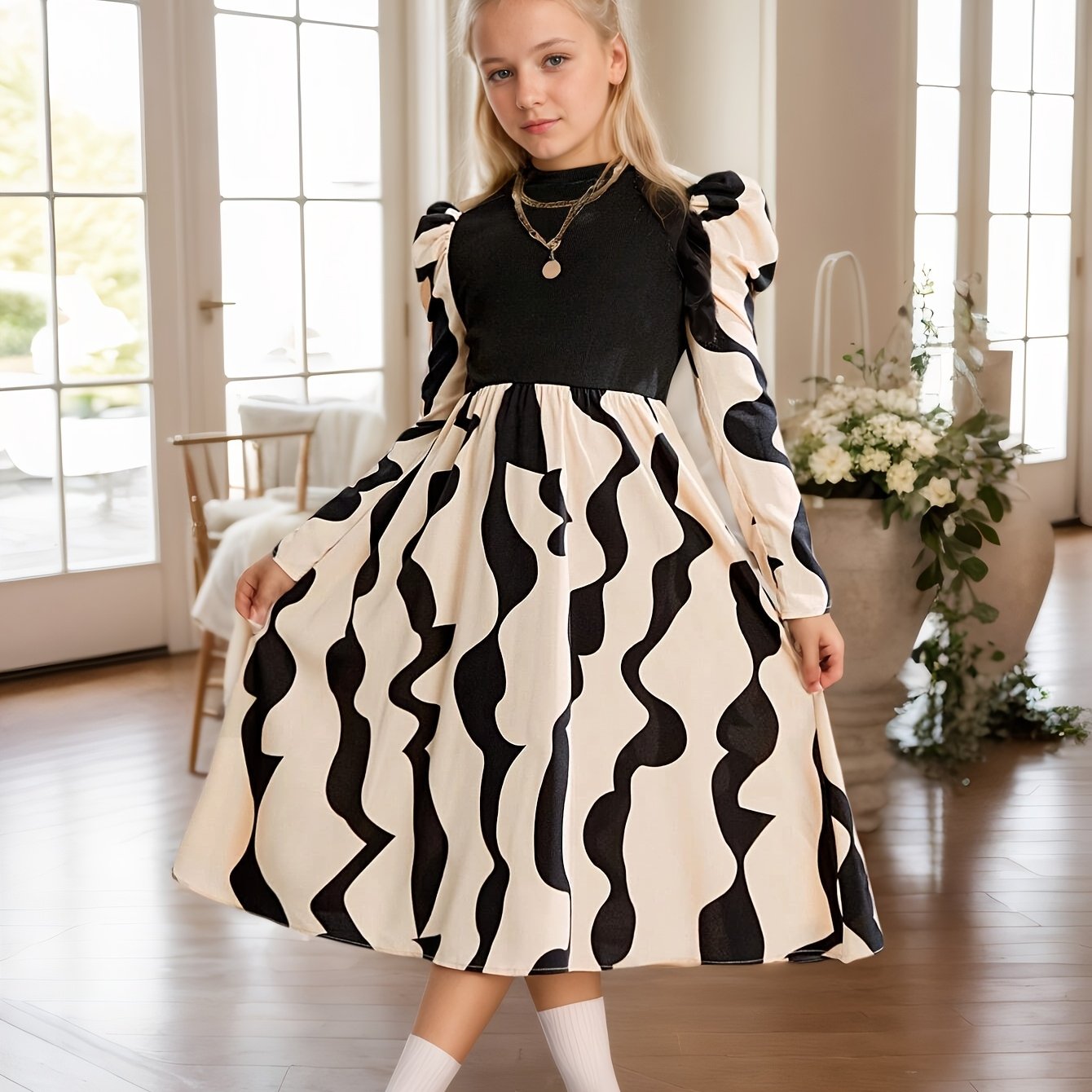 Girls Geometric Pattern Ribbed Turtleneck, Long-sleeve Dress, Midi Length