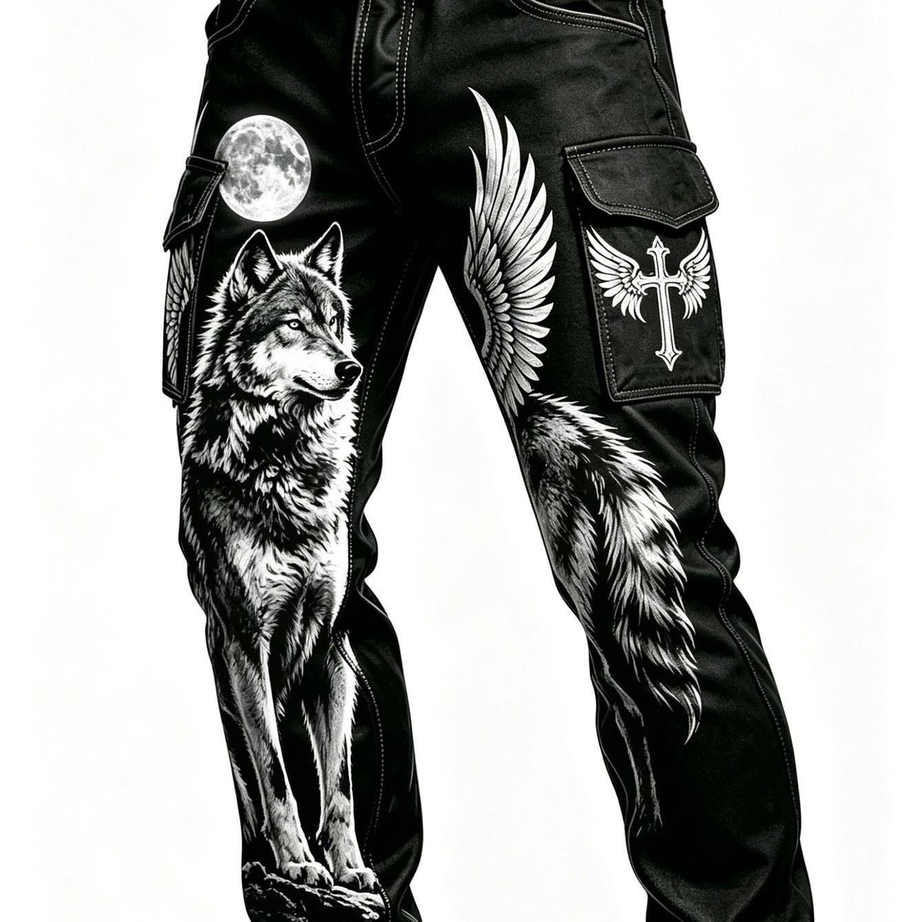Image of Men's Vintage Street Printed Wolf And Moon Wing Cross Cargo Pants, Casual Daily Outdoor Trousers
