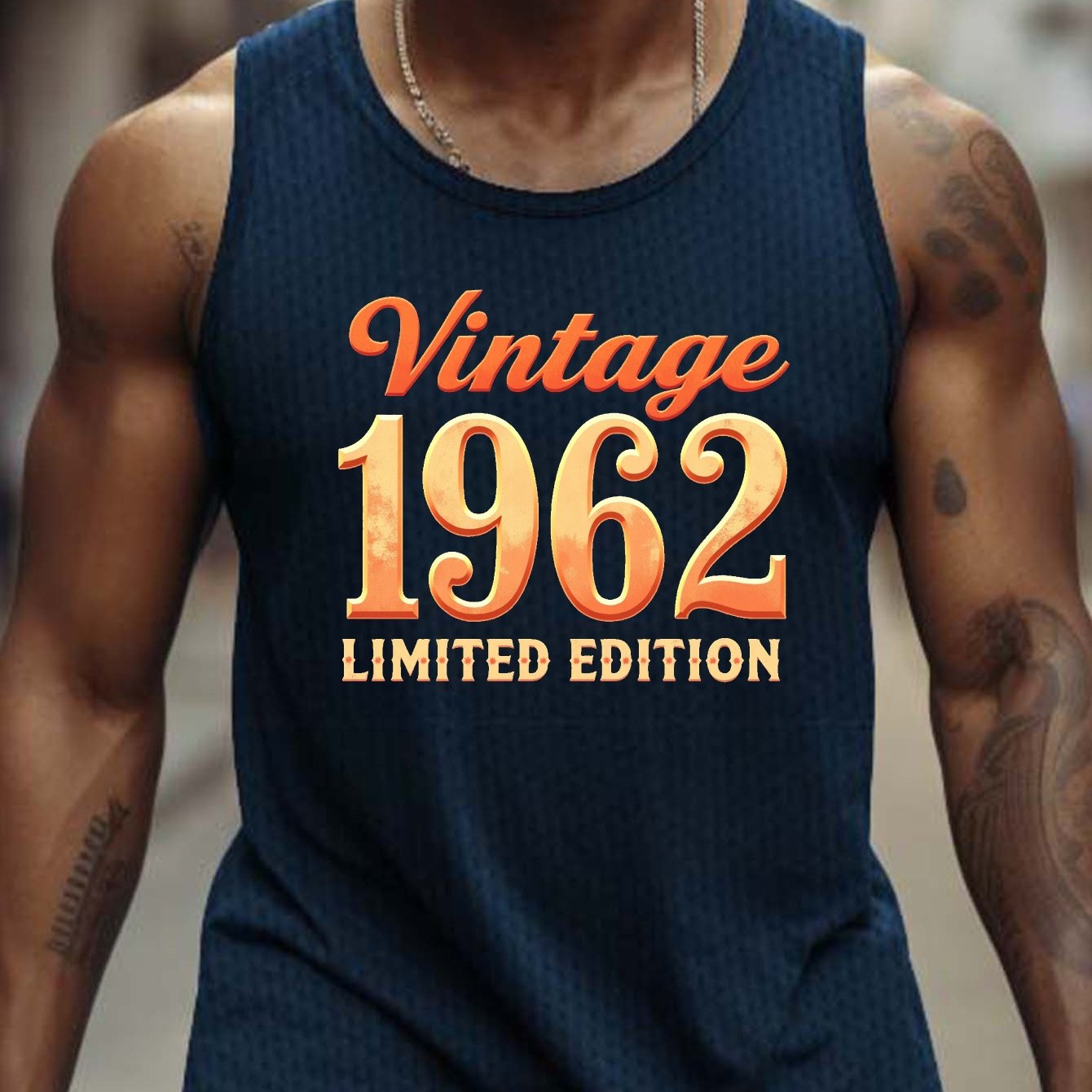 TEMU Men's Vintage 1962 Edition Tank Top - Casual Sleeveless Athletic Shirt, Breathable & Comfy, Black With Orange Print, Perfect For Summer Sports &