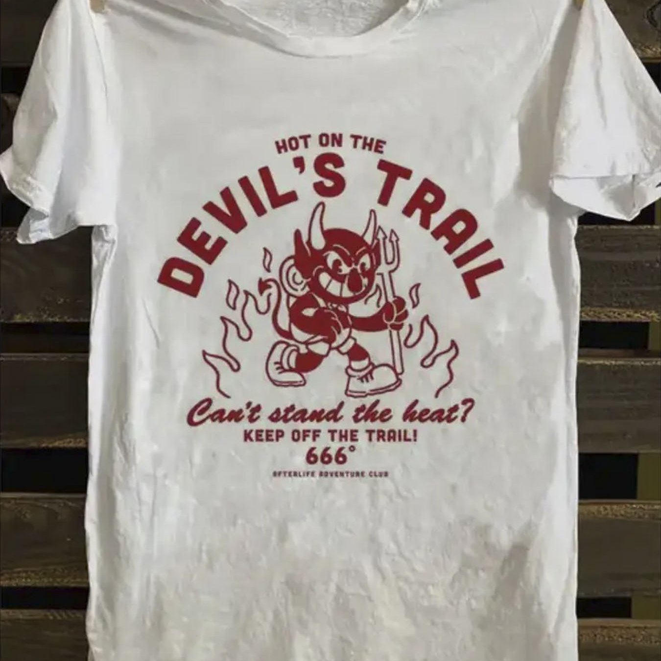 Men's Vintage Trail Graphic T-shirt, Retro Cartoon Devil Flames Print, Crew Neck Tee, Soft Breathable Shirt For Casual & Formal Wear