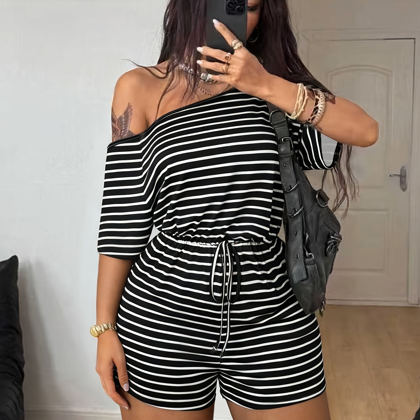 TEMU Standard Size Women's Pajamas, Casual Striped Print Fashion Off-shoulder Outerwear Homewear Set