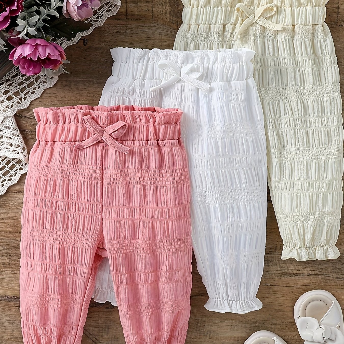 Image of Girls' Summer Thin Solid Color Conditioning Suit, Mosquito-proof Bow Casual Long Pants Three-piece Set, Perfect For Outdoor