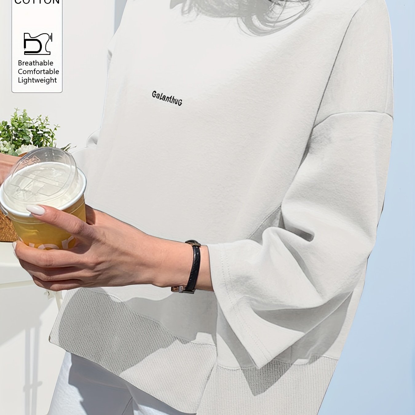 Image of Spring/autumn Lightweight Three-quarter Sleeve Casual Drop-shoulder Embroidered Letter Slit Sweatshirt. This Product Runs Larger In European/american Sizing Compared To Asian Sizing