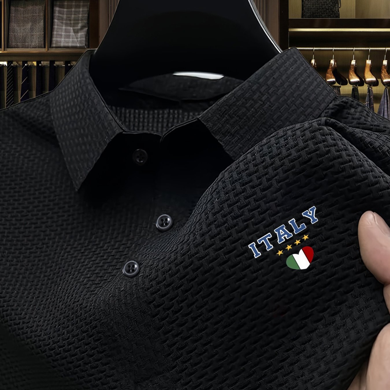 TEMU Men's Contrast Color Italy Letter Print Summer Geometric Pattern Print Lapel Shirt, Outdoor Sports Casual Comfortable Shirt, Short Sleeve Top,