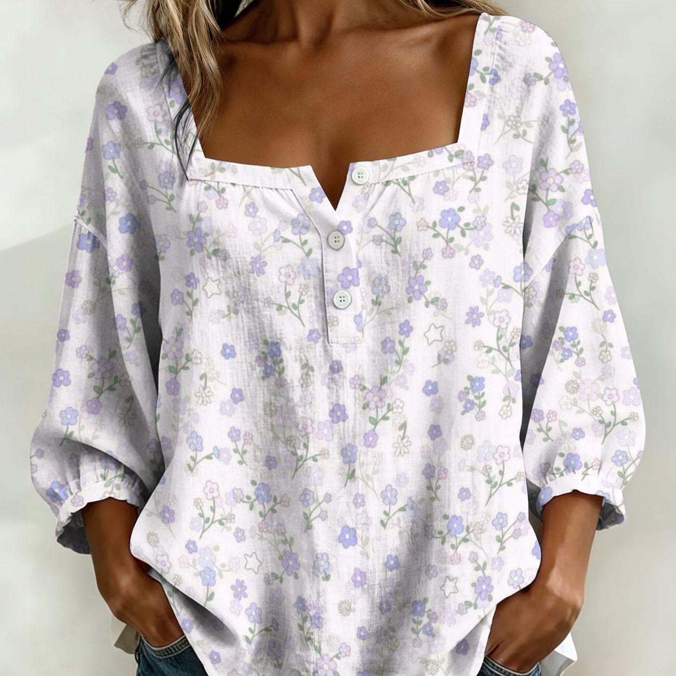 Image of Plus Size - New Arrival Women' Neck T-shirt Outdoor Street Gentle Purple Tone Floral All Top Fashion Versatile Design Sense Print Blouse