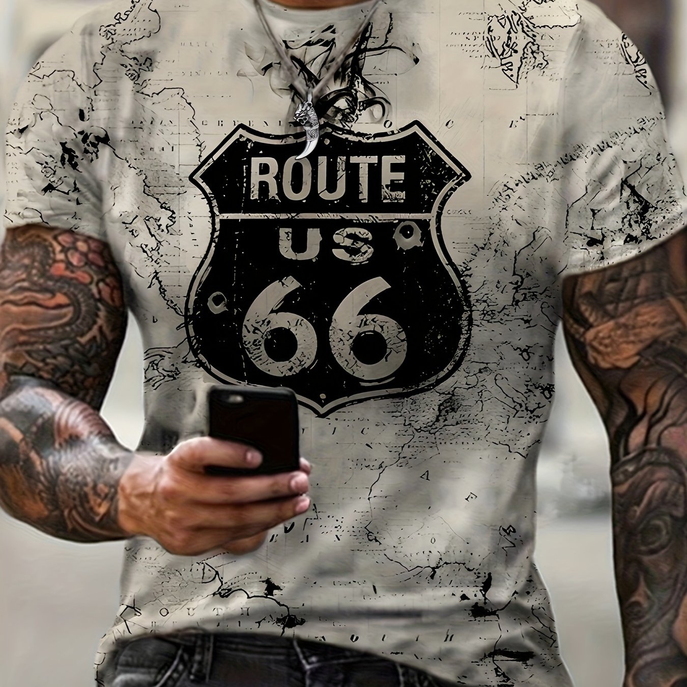 TEMU [print Design - Not Textured] Men's Vintage Pattern T-shirt - Distressed Style Shield Print, Plus Size Style Short Sleeve Round Neck Tee,