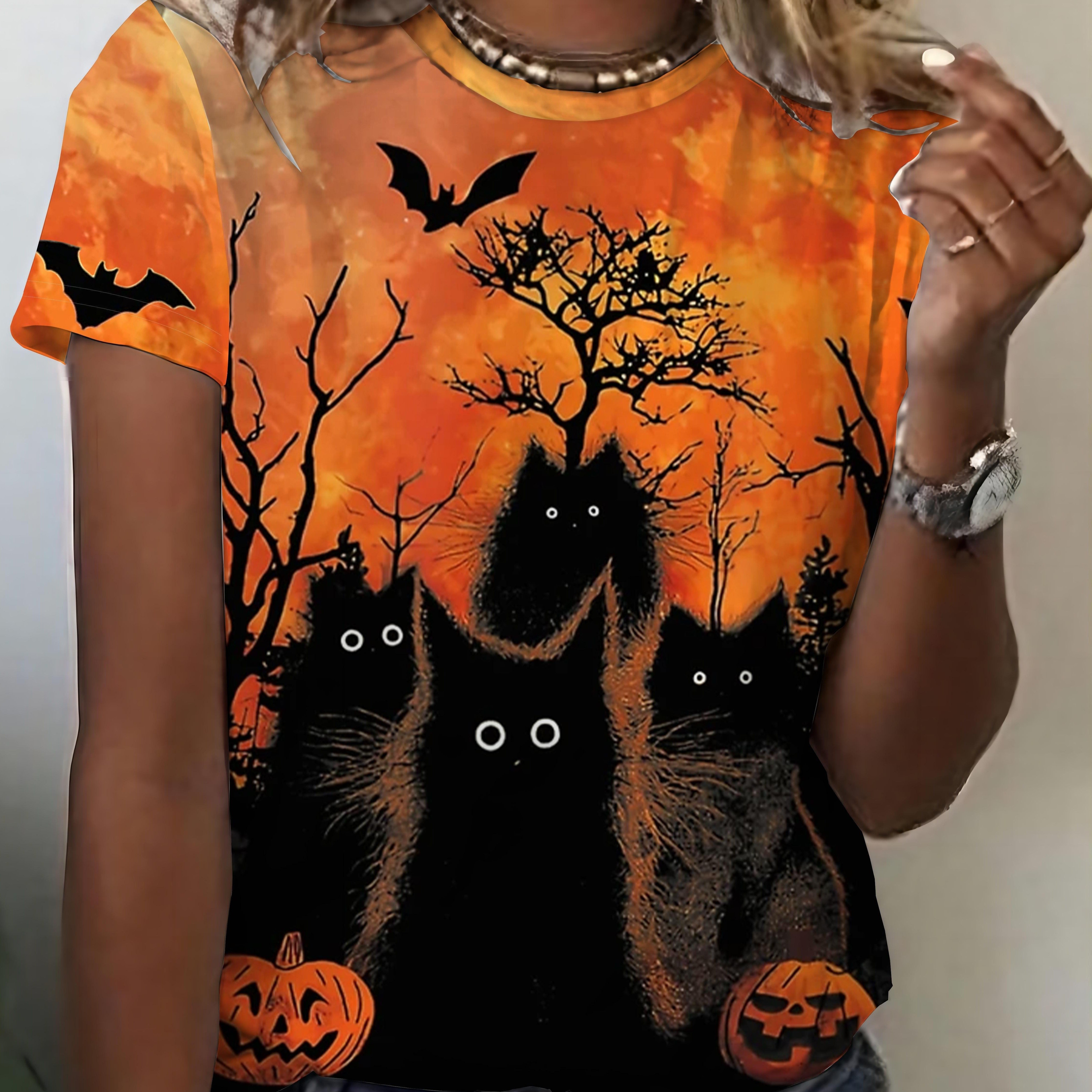 TEMU T-shirt à col rond avec imprimé chat d'Halloween, hauts décontractés à manches courtes pour et l'été, vêtements pour femmes