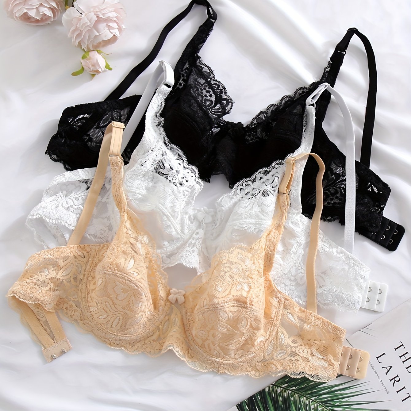 3pcs Set, With Lining No Sponge, Double Layer Non-transparent, Full Lace Sexy Breathable Bra, Women