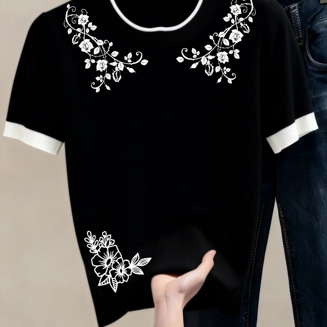 TEMU Pullover Sweater Comfortable And Gentle   Rose -block Round Neck Short-sleeved Commuter Style And Flattering Covering Flesh Popular Commuter