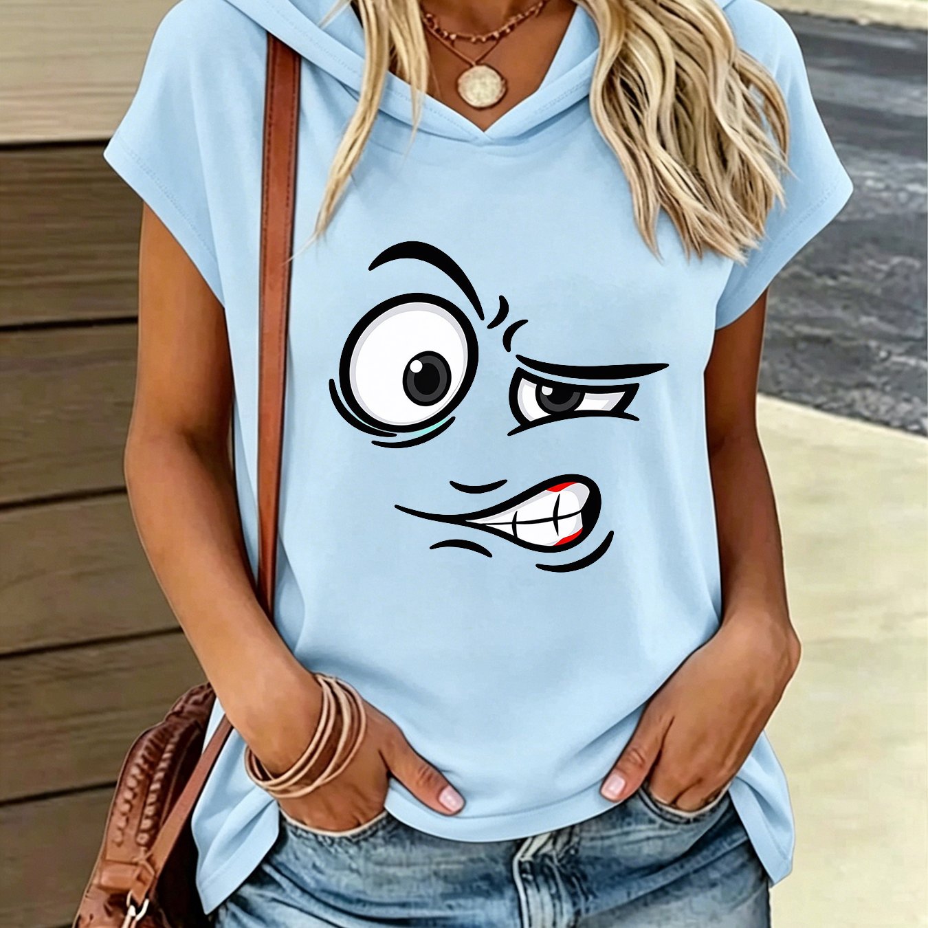 TEMU Short Sleeve Hoodie With Cartoon Face Print - 1 Squinting Cheeky Design, Casual Streetwear Pullover Sweatshirt For Men Women, Fun Daily Wear Top