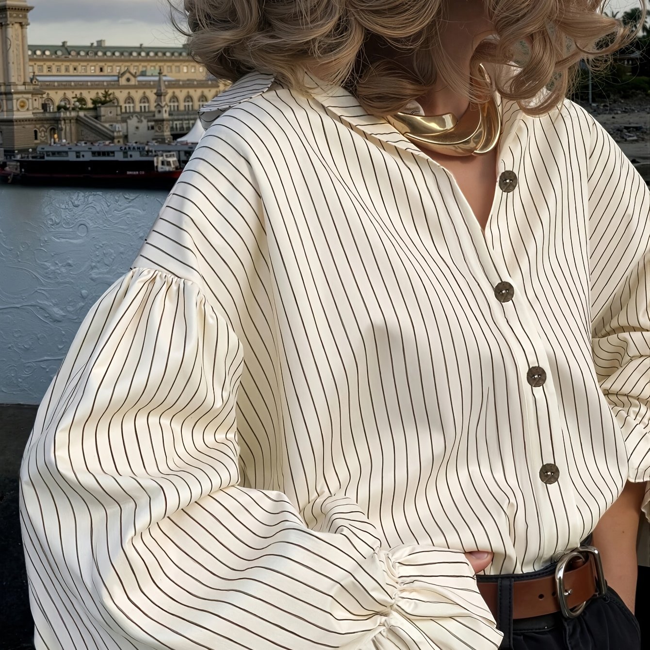 TEMU Women's Striped -season Long Sleeve Shirt Elegant Casual Party Versatile High-end Flared Sleeve Top