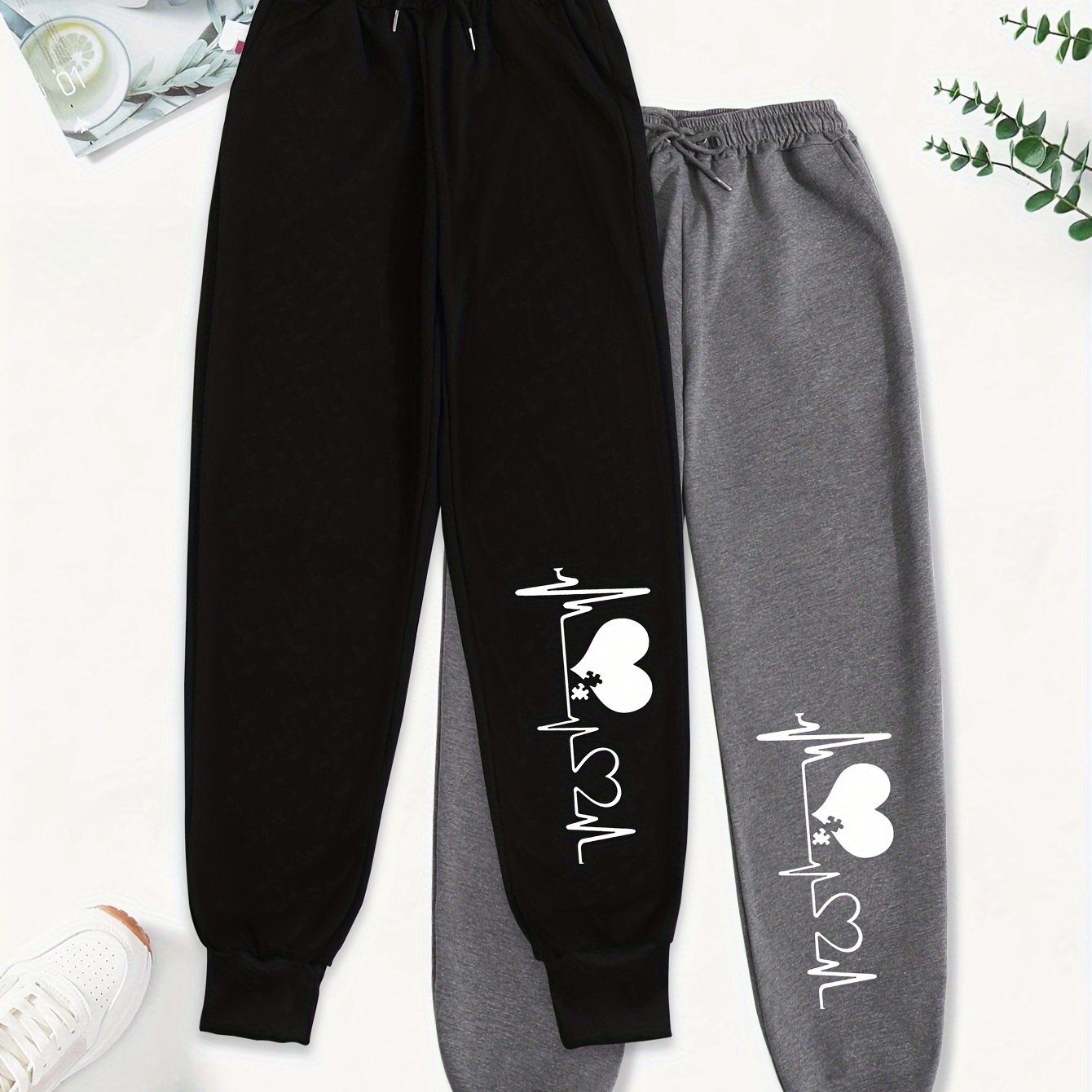 TEMU Valentine's Day 2026 New Stylish 2pcs Set, Graphic Print Trousers, Comfortable Elastic Waist Casual Pants For Women. Winter ; Christmas, Cyber