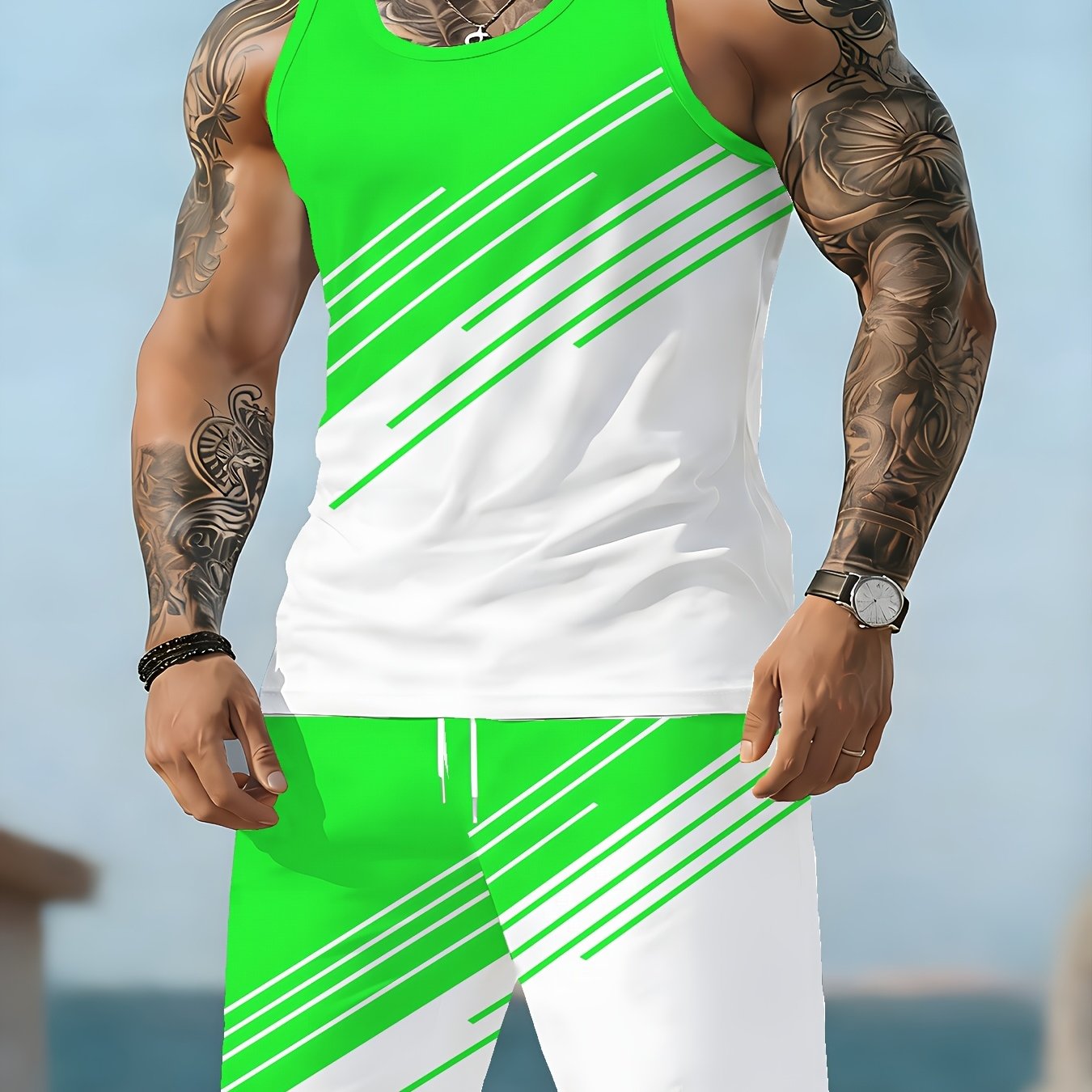 TEMU 2pcs Men's Summer Sportswear Set, Sleeveless Crew Neck Tank Top And Drawstring Shorts With Pockets