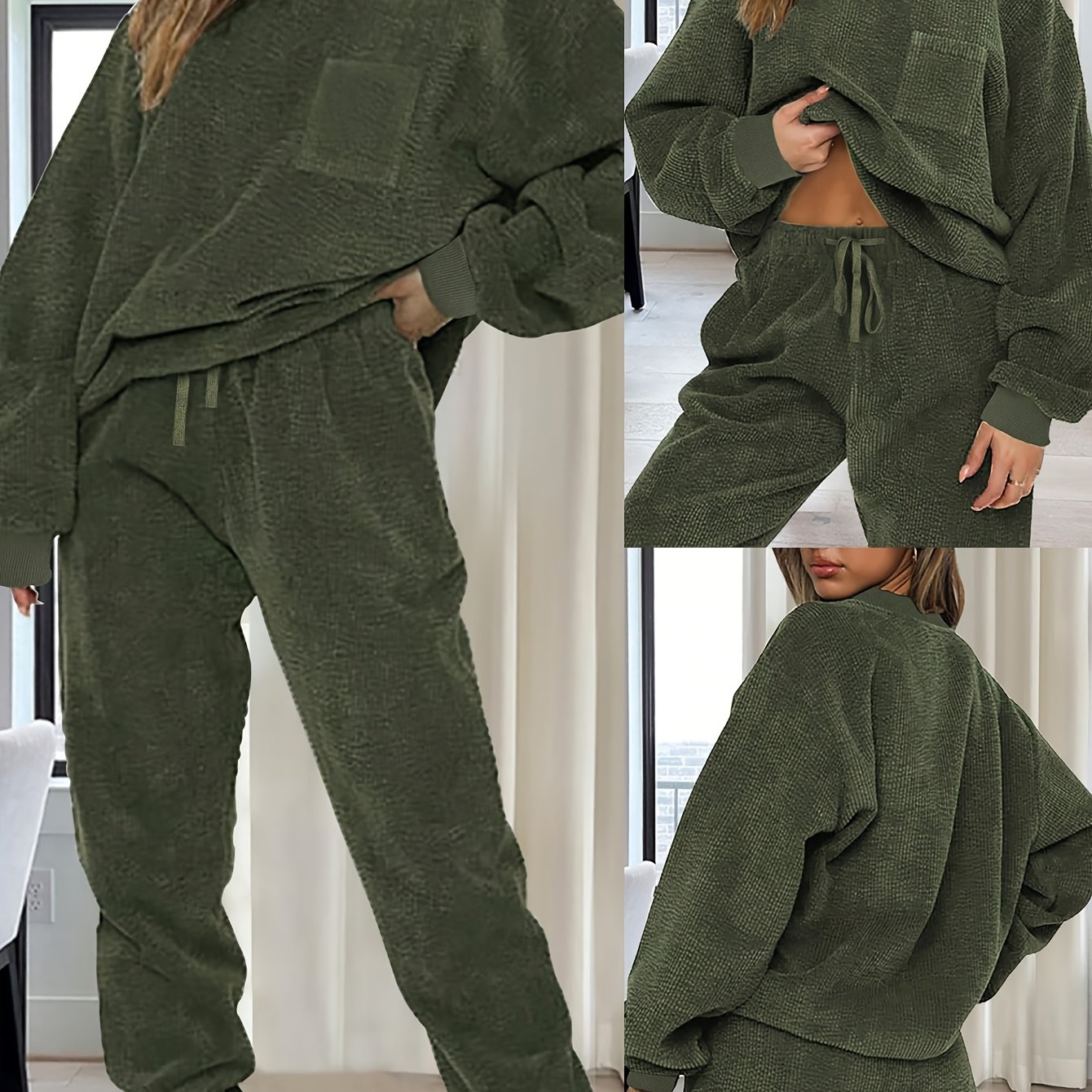 Women's Fashion Solid Color Round Neck Long Sleeve Top And Drawstring Pants Casual Two-piece Set