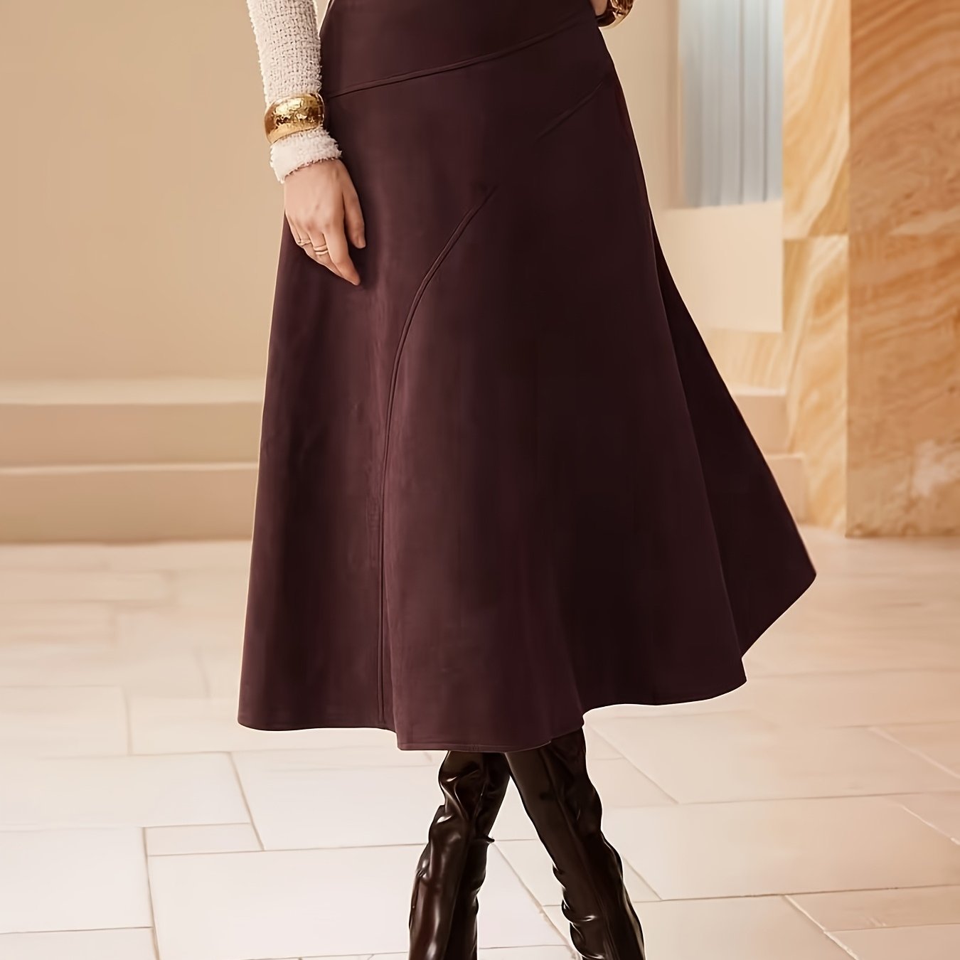 TEMU Women's Spring Autumn Solid Color Deer Plush Casual A-line Half Skirt, A-line Midi Skirt, High-waist Design With Stitching Detail, Flared Hem, ,