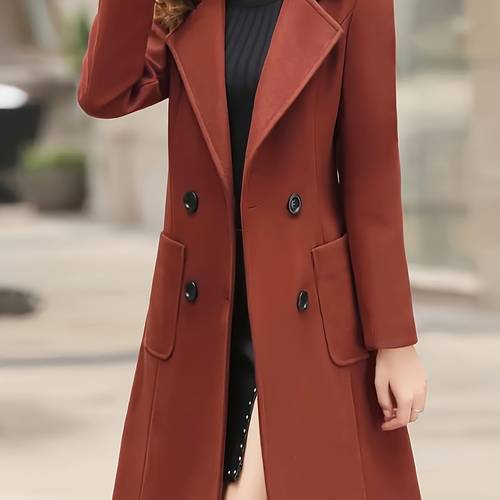 elegant beige trench coat for women chic double breasted lapel collar long sleeve midi jacket with pockets fall