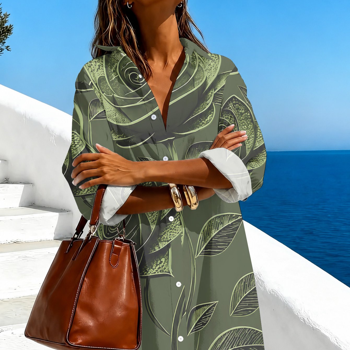 TEMU Plus Size - [printed Design - Not Textured] Plus Size Mm Lapel Shirt Long Length Shirt Loose Tummy Covering Large Line Drawing Rose Branch Leaf