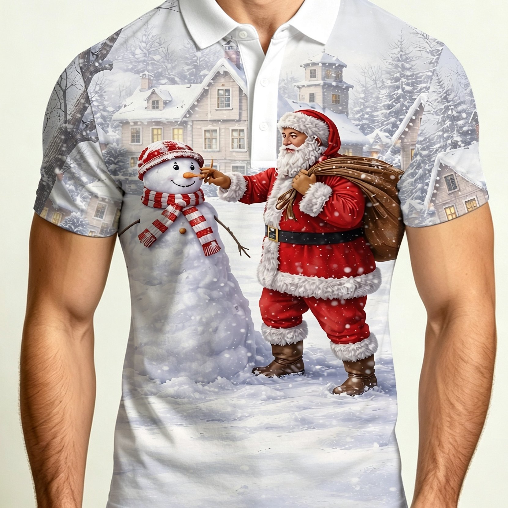 TEMU [printed Design â Not Textured] Men's Print Shirt, Men's Lapel Short Sleeve Shirt, Santa Claus Snowman Snow Scene Top Christmas Holiday T-shirt