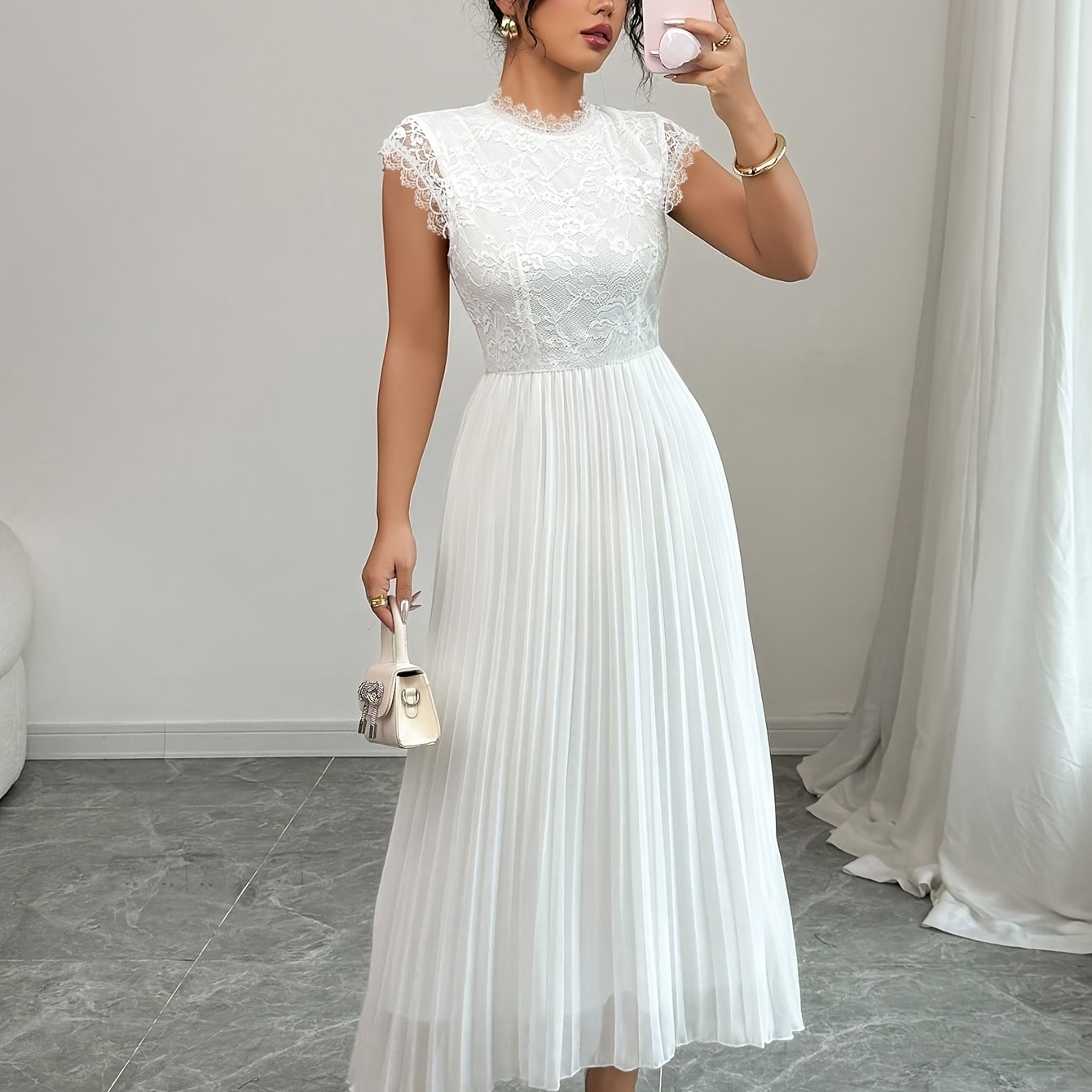 TEMU Women's Elegant Summer Floral Lace Pleated Maxi Dress
