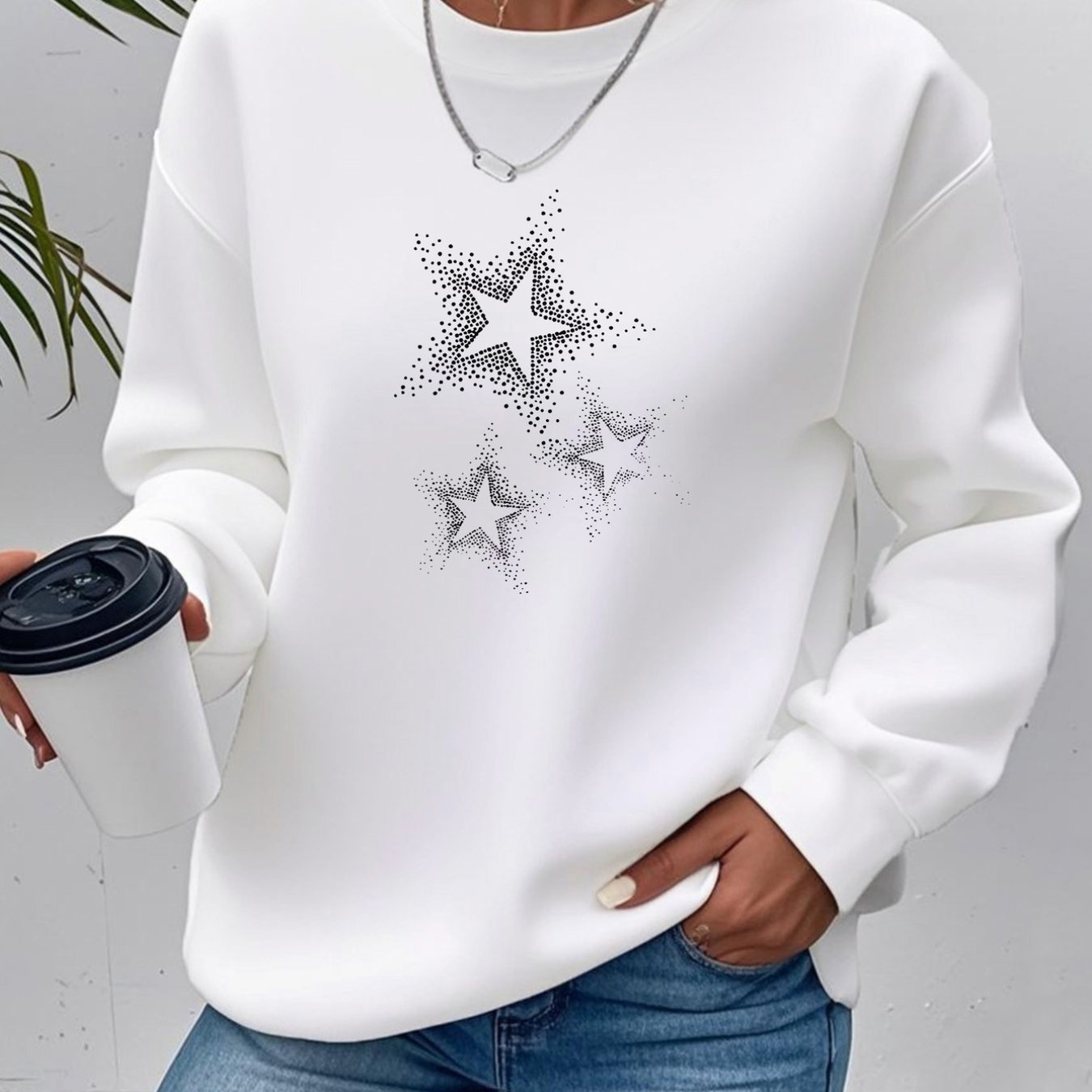 Image of Dot Stars, Star Pattern Graphic Print Sweatshirt, Crew Neck Casual Sweatshirt For Winter And Fall, Women's Clothing