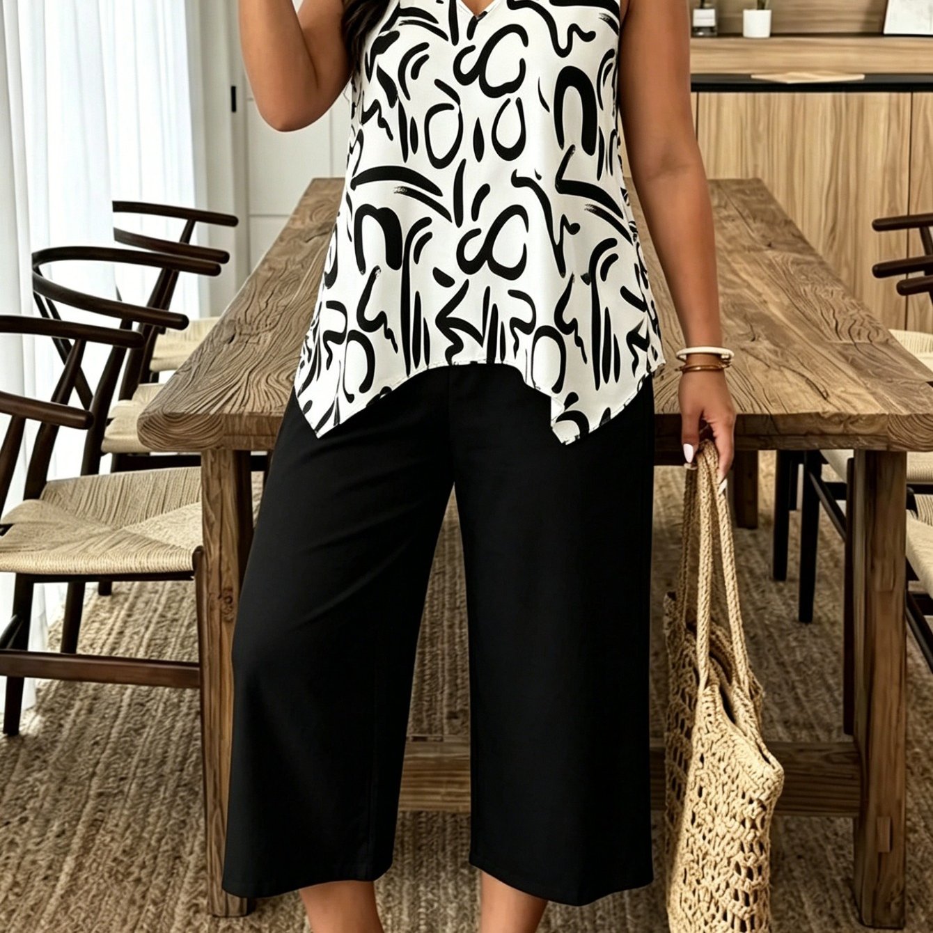 Image of Plus Size, Plate-size Suit - Sleeveless Geometric Pattern Print And Pocket 7-inch Pants Design, Suitable For , Travel And Gatherings, Fully Enjoy -size Casual .