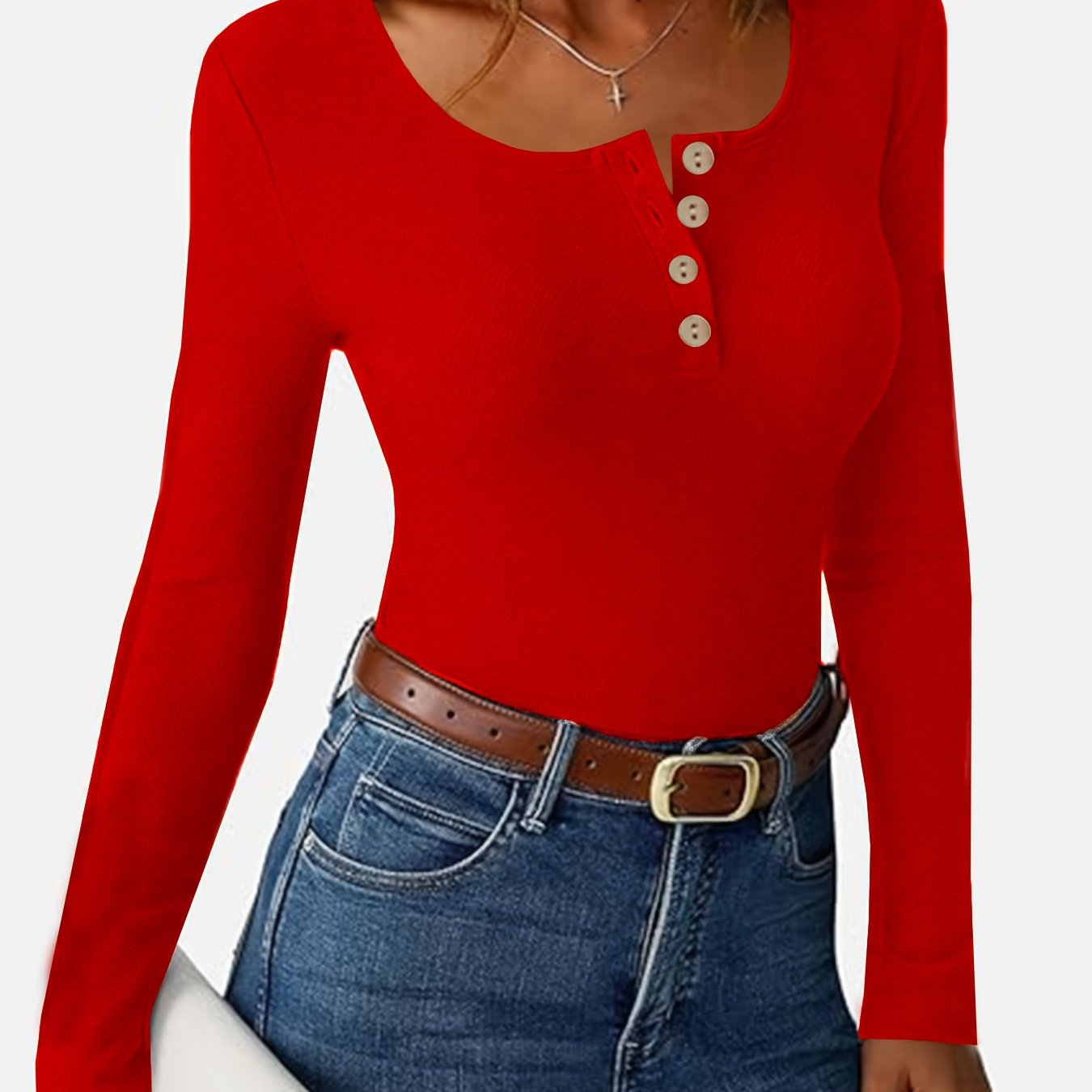 TEMU Women's Long Sleeve Round Neck Shirt Casual Ribbed Slim Fit Button -shirt Top Outing Set 2025