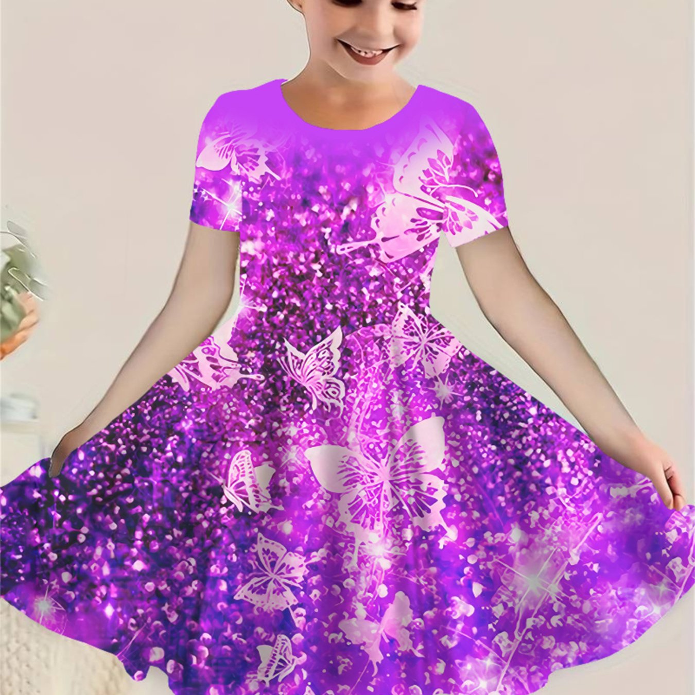 TEMU Holiday Party Girls' Short Sleeve Dress With Three-dimensional Princess Print, Knitted Polyester Fabric, For Spring And Autumn, Cartoon Pattern,