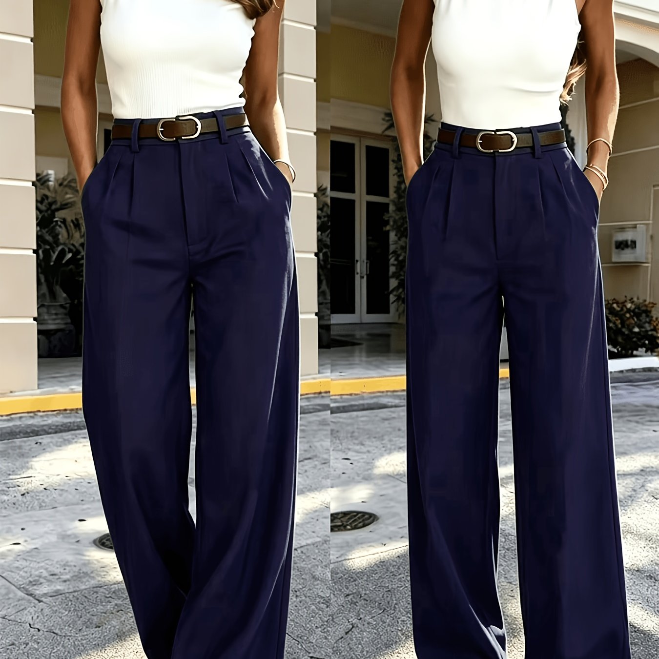 TEMU Women's Autumn Loose Fashion Casual Wide-leg Trousers, Unique High-waist Design, Back-to- Retro High-waist Dress Pants, Suitable For Office And