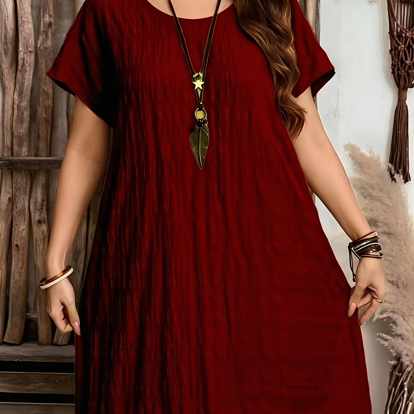 TEMU Plus Size - Middle Eastern Plus Size Round Neck Solid Color Fashionable Western Ethnic Vintage Lazy Loose Short Sleeve Dress