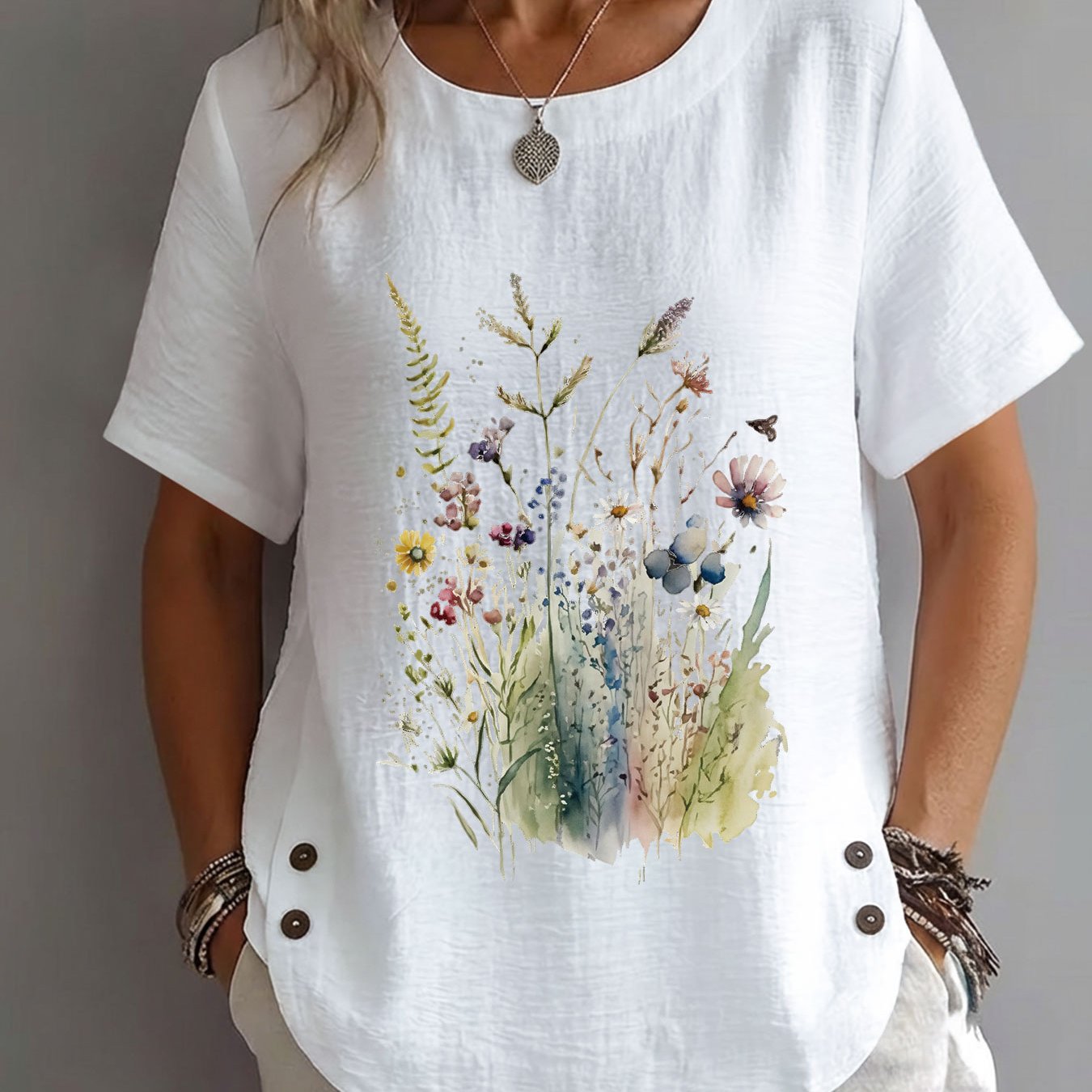 TEMU Spring Summer Casual Elegant Women's Top, Watercolor Style Floral Print Loose Round Neck Short Sleeve Clothing