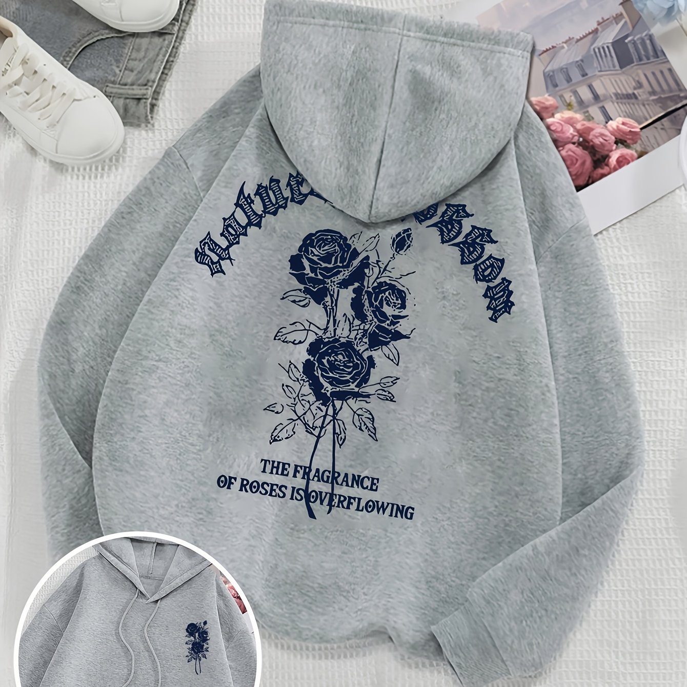 TEMU Sweat à capuche à capuche décontractée avec cordon de serrage et poche, imprimé motif de rose et de , convient pour l'hiver et , les quotidiens,