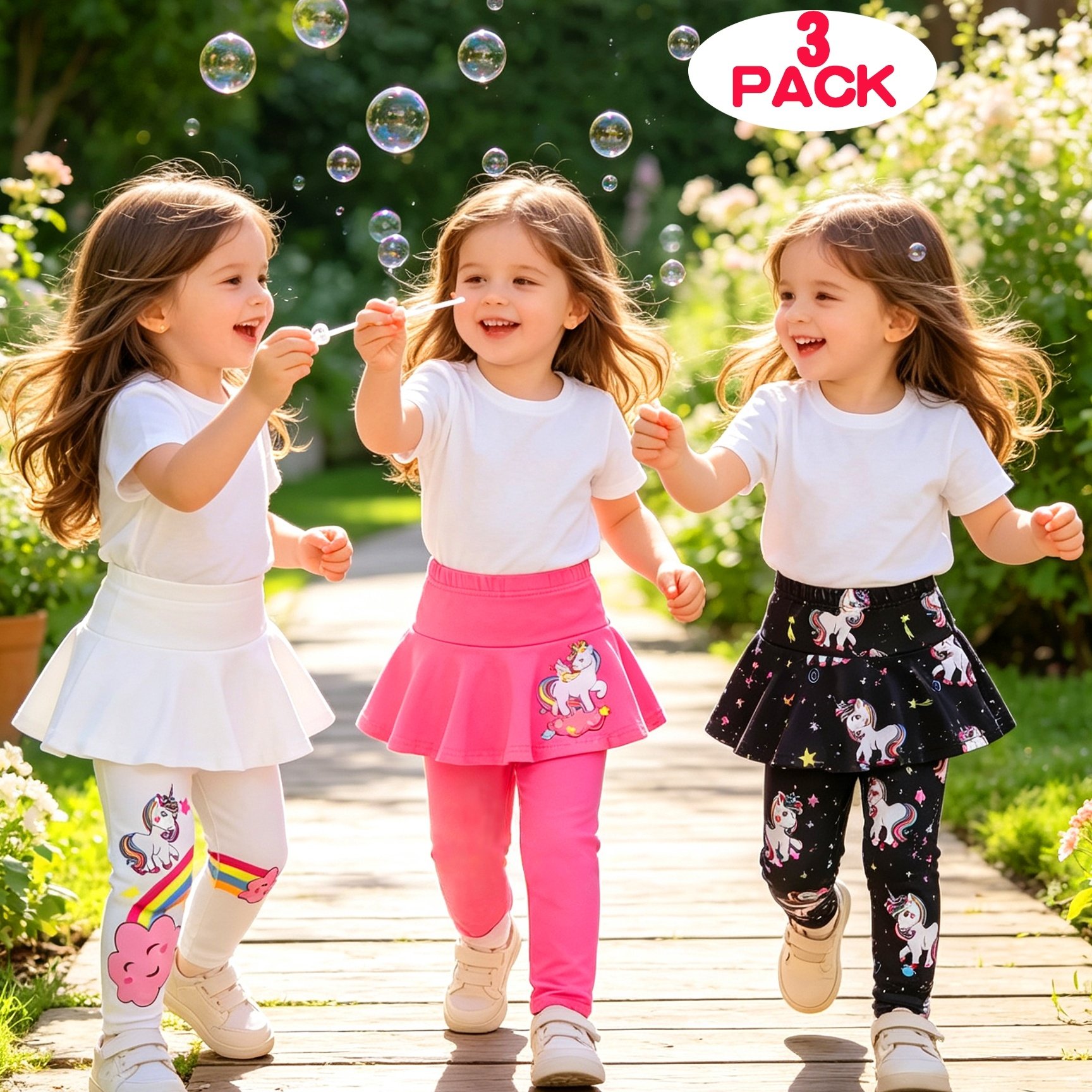 Image of Three-piece Set - Suitable For Summer - Baby Girls Aged 0-3 Years - Cute Unicorn Print High-waisted Fitted Skirt Pants In White, Rose Red, And Black