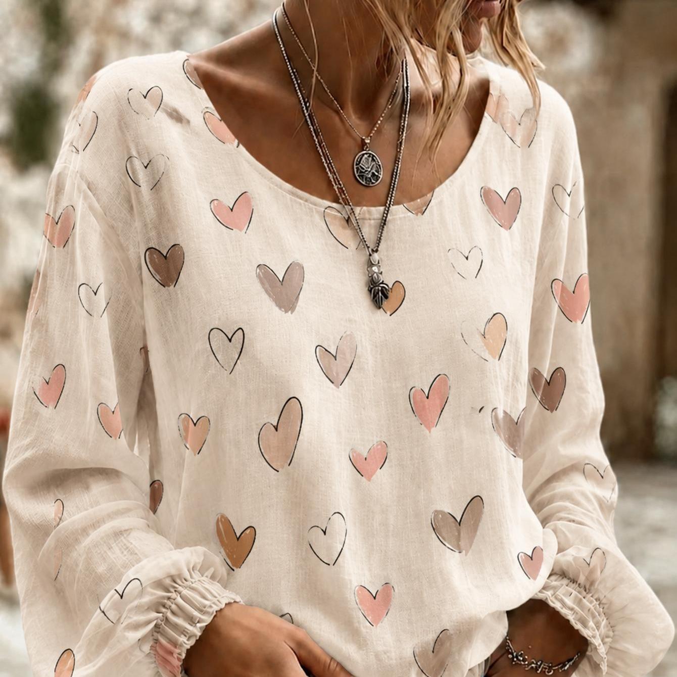 Plus Size, Plus Size Women's Long Sleeve Shirt Heart Print Boho Long Sleeve Blouse Women's Casual Round Neck Top Spring Summer Style For A Birthday.loose Casual Loungewear For Daily & Vacation