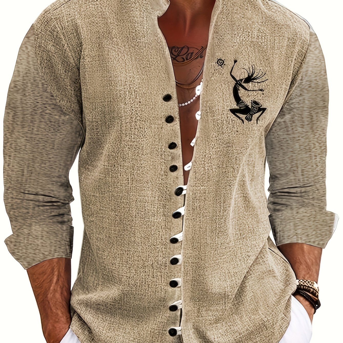 Image of Men's Print Shirt Featuring Ethnic Style Casual Tribal Totem Patterns, A Yellow Outdoor Top With A , And A Stylish Collar