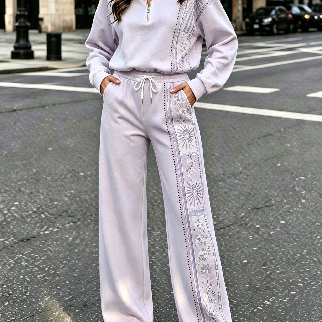 Image of Two-piece European And Women's Casual Set, Stand-collar Zip-up Top And Casual Trousers, Geometric Design, Suitable For Casual Outdoor Daily Wear And Commuting