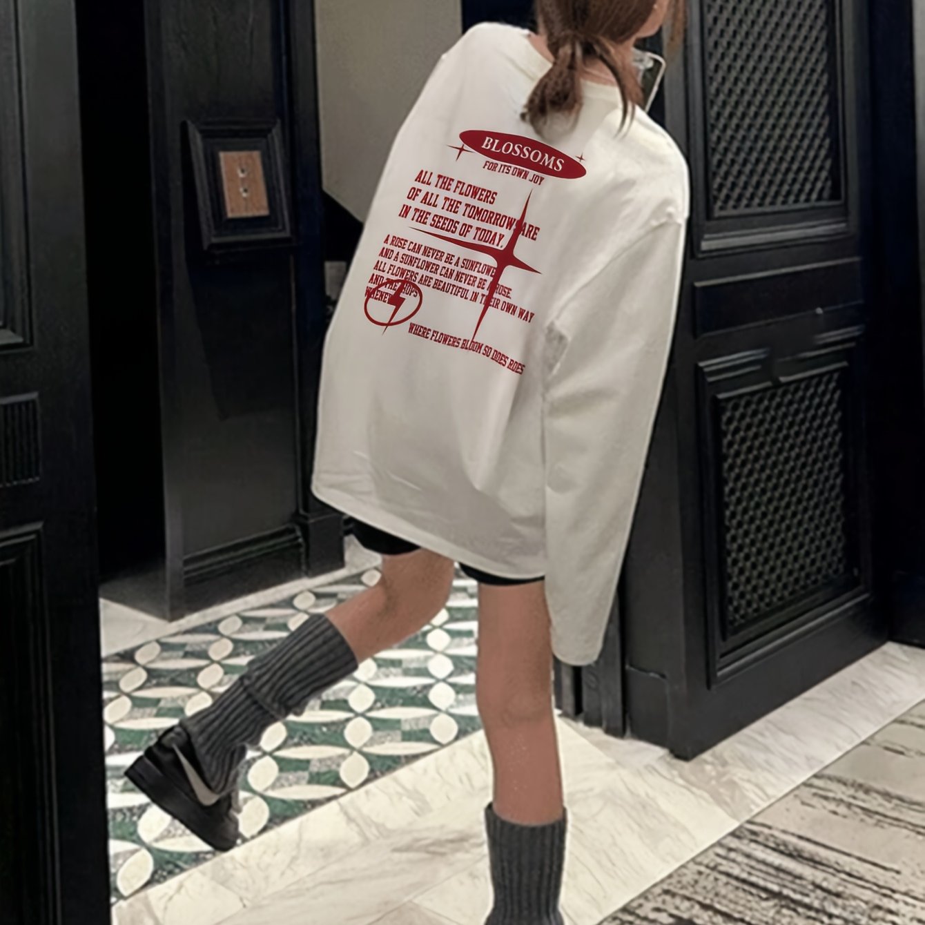 TEMU Spring Summer Casual Versatile English Print Mid-length Round Neck Long Sleeve T-shirt Women's Loose Top