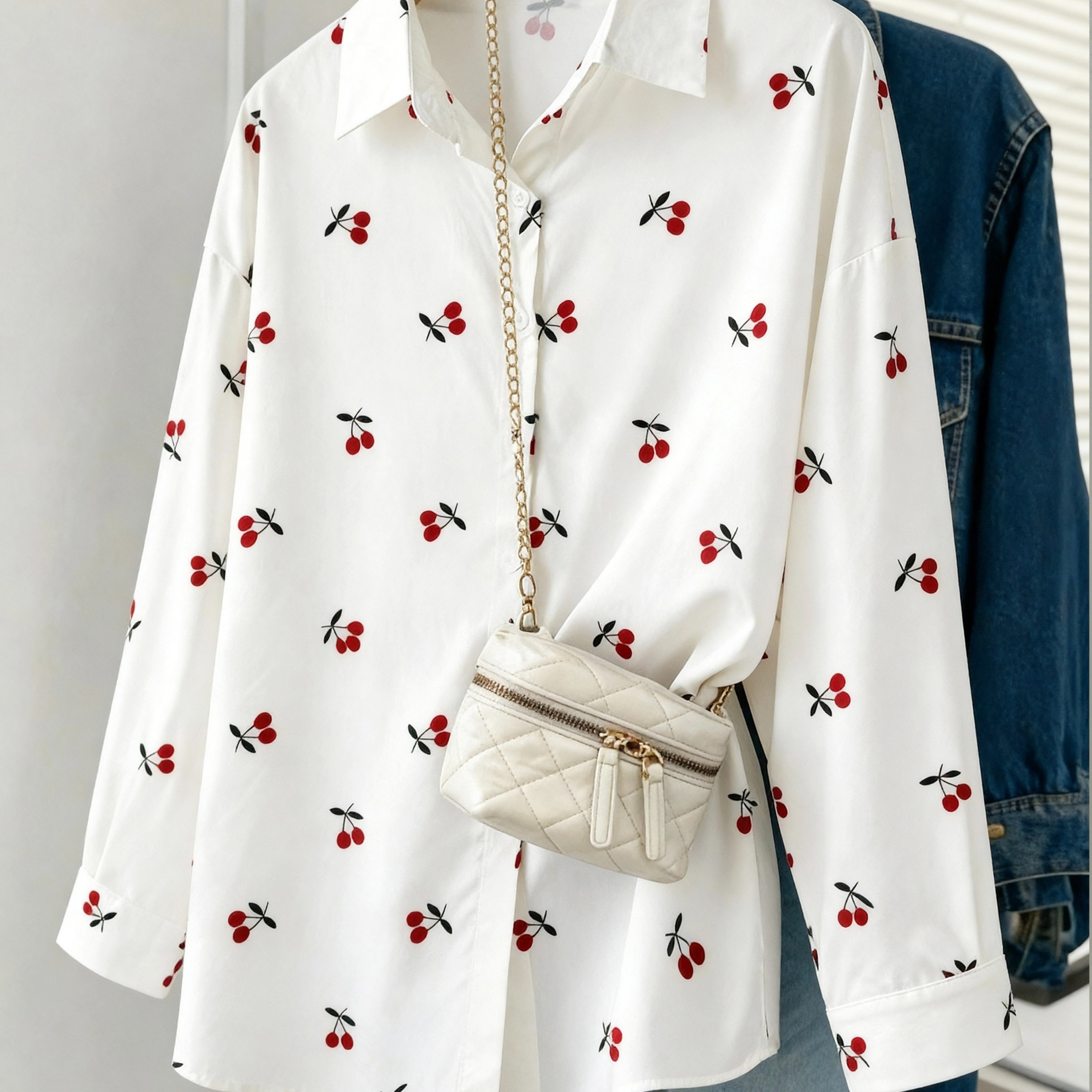 TEMU Chemise décontractée pour femme à manches longues, imprimé cerises, , à épaules tombantes, pour //les , printemps/automne