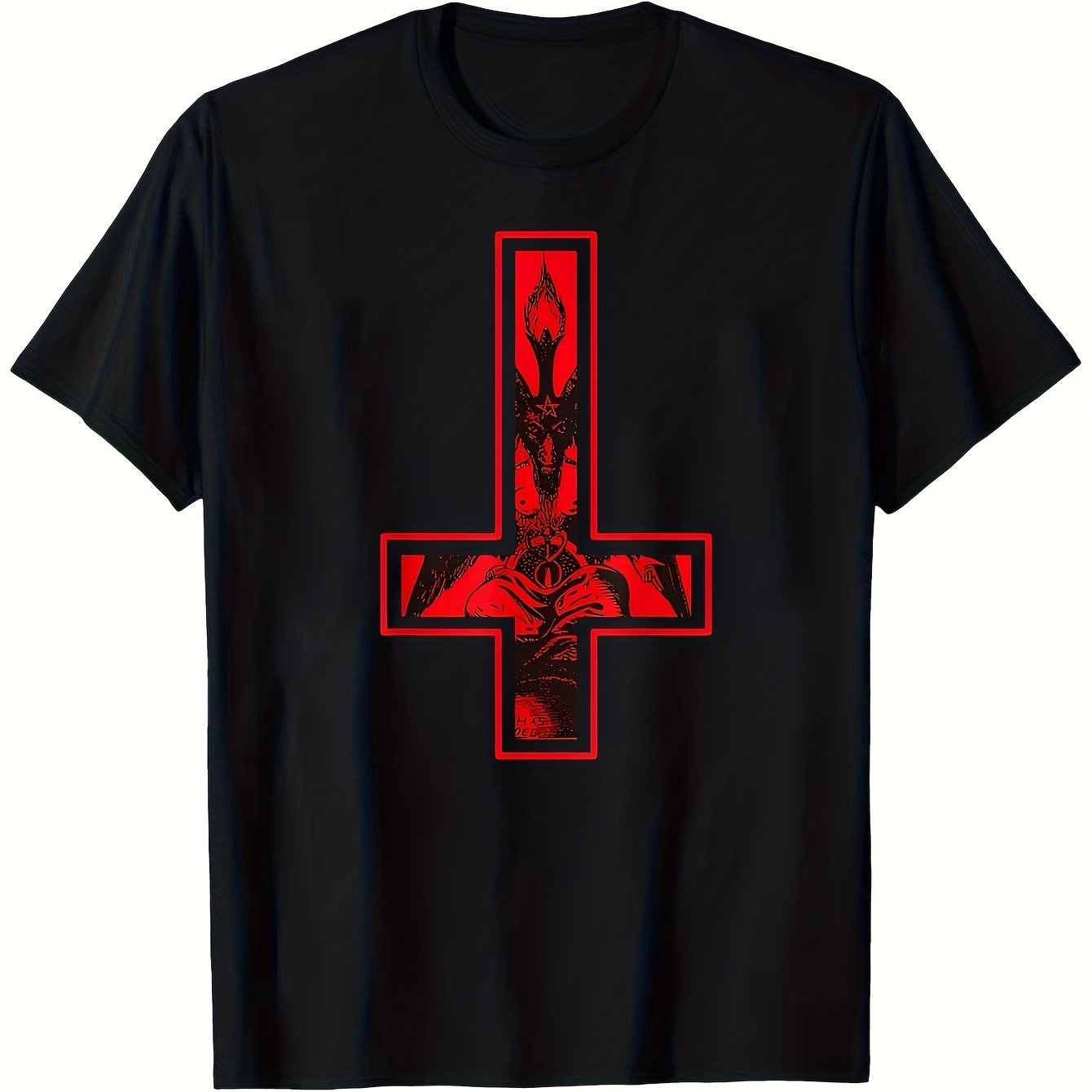 TEMU Men's Gothic Mysterious T-shirt- Heavyweight Black Satanist T-shirt With Red Baphomet Inverted Cross And Pentagram- Statement Shirt For Heavy