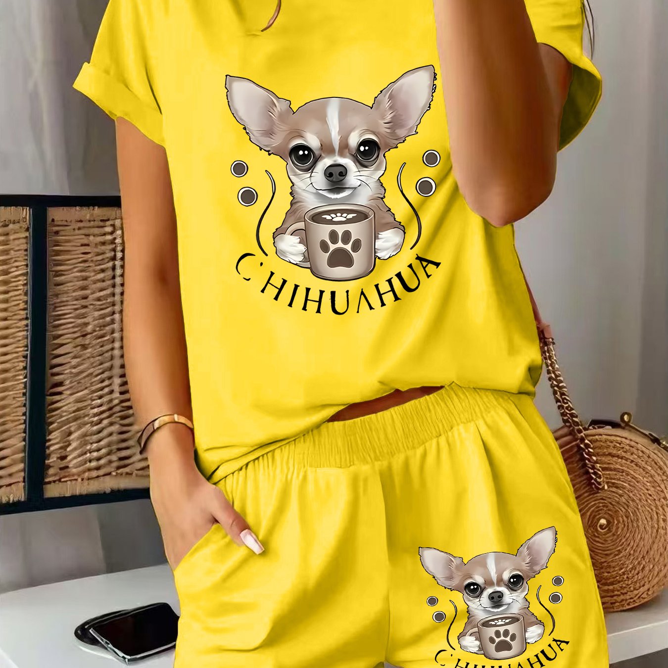 TEMU Ensemble d'été 2 pièces pour femmes - Imprimé de tasse à café Chihuahua, ensemble short et t-shirt à manches courtes à amusants, ensemble de