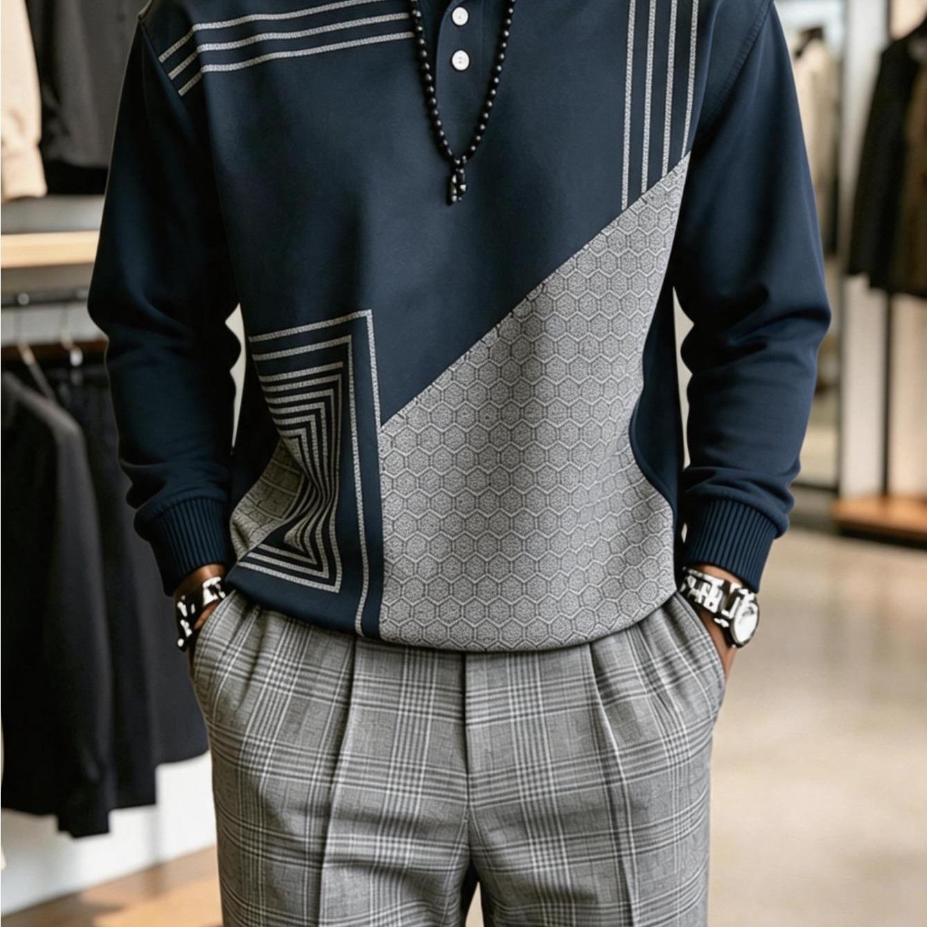 TEMU Plus-size Men's Long-sleeve Casual 2pcs Set: Color- Striped Mesh Print Turn-collar Long-sleeve Top And Straight-leg Trousers, A Versatile