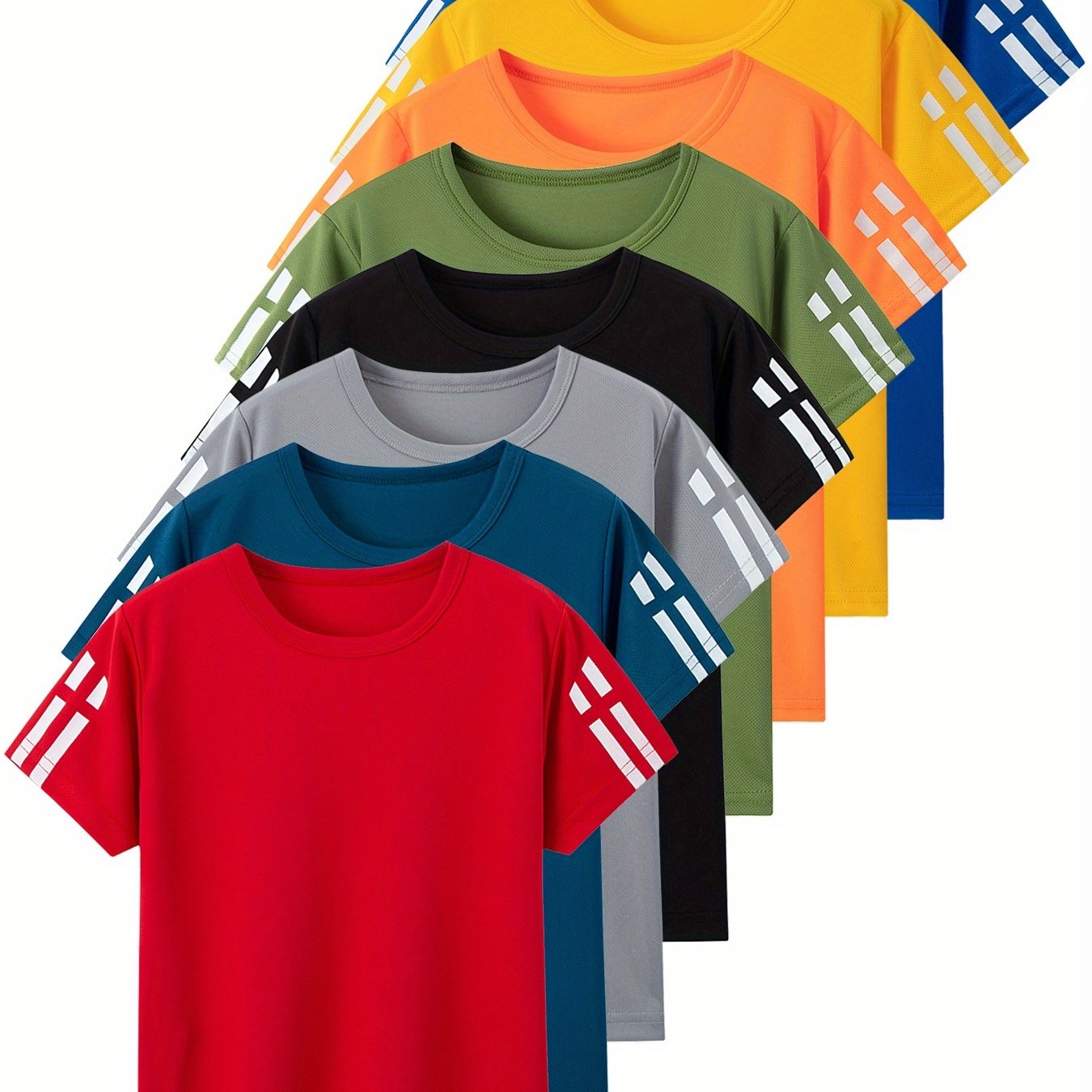 Image of 8pcs Boys' Loose T-shirts For And Big Kids, Breathable Mesh Quick- Shirts With Side Stripes In Solid Colors, Washable Multi-piece Set For Outdoor Wear, Suitable 6-15