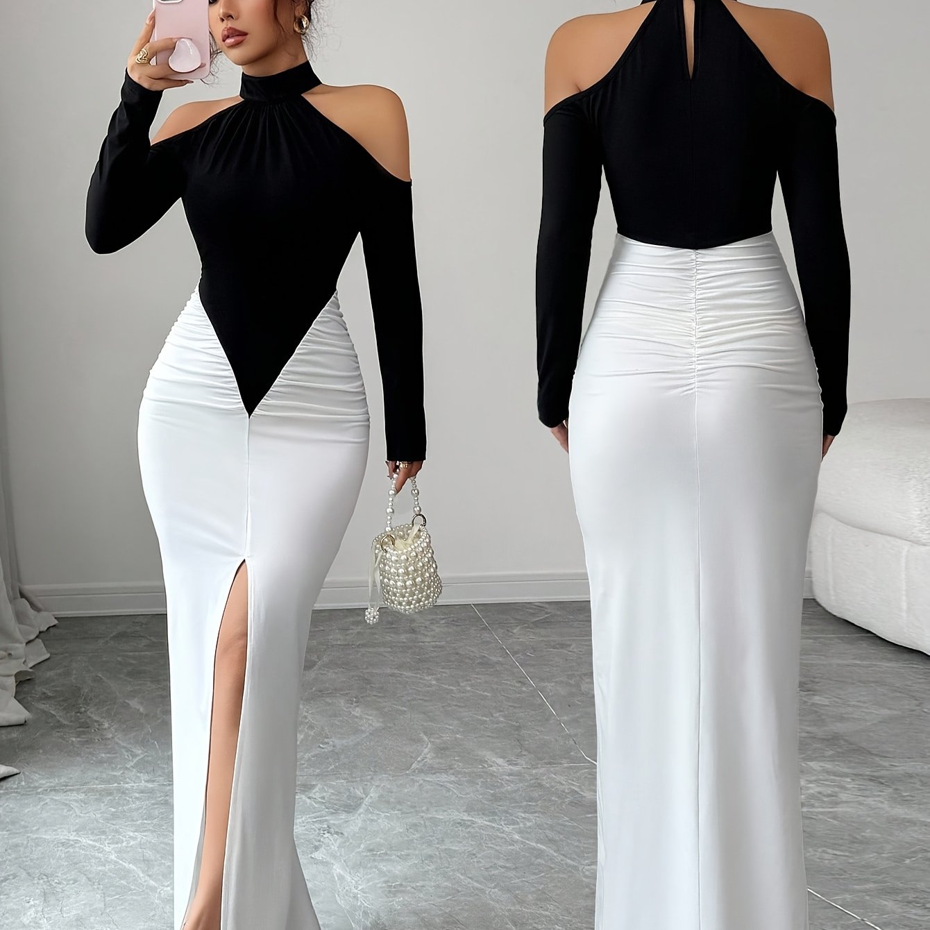 TEMU Women's Elegant Black & -fit Bodycon Dress - Long Sleeve Round Neck Short To Long Dress Suitable For Weddings, Parties, - Machine Washable Dress