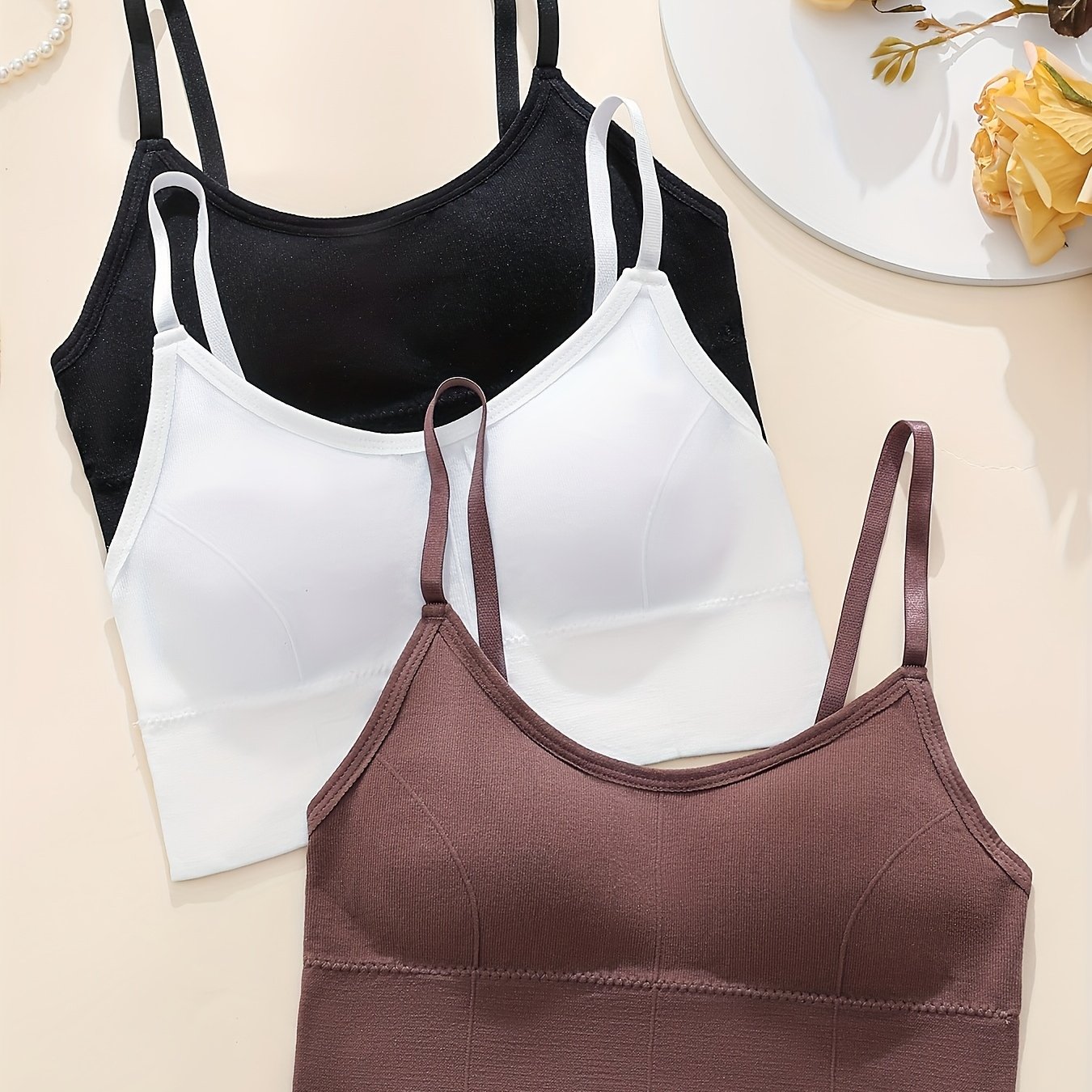 TEMU 3pcs Comfortable Bralette Set | Solid Color, Wireless, Removable Padding