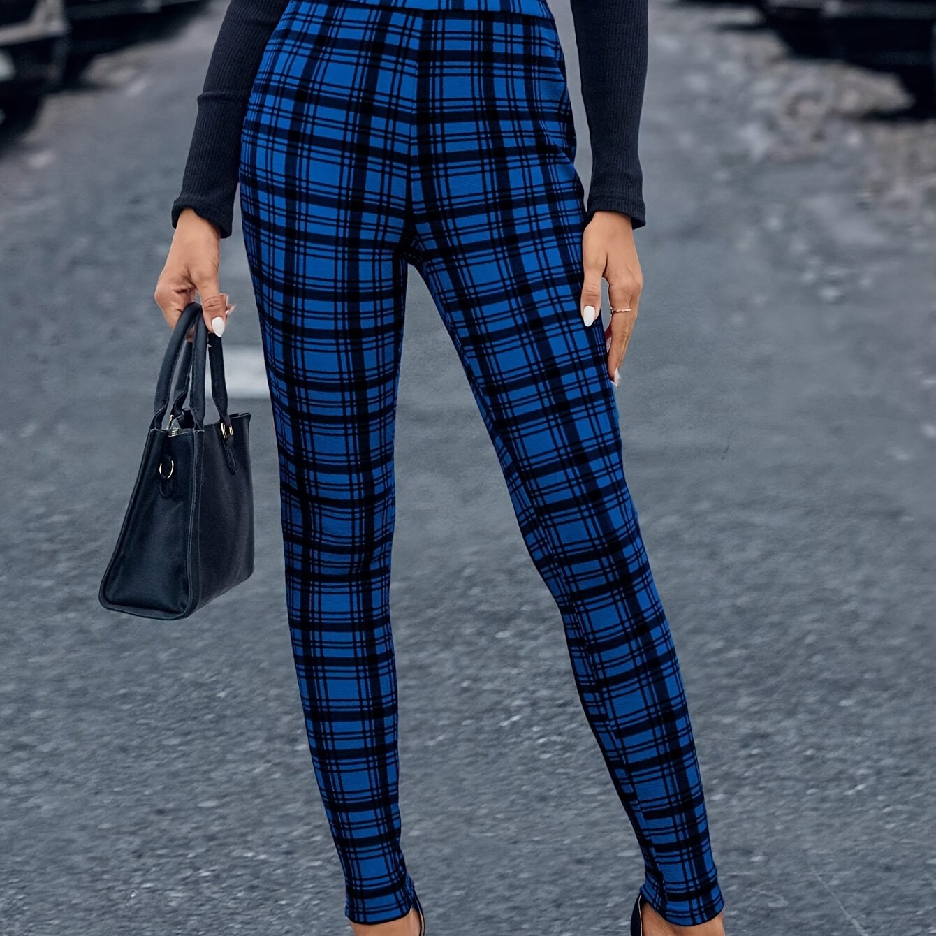 1pc Elegant High-waisted Skinny Pants For Women, Polyester Knit Fabric, Adult Trousers