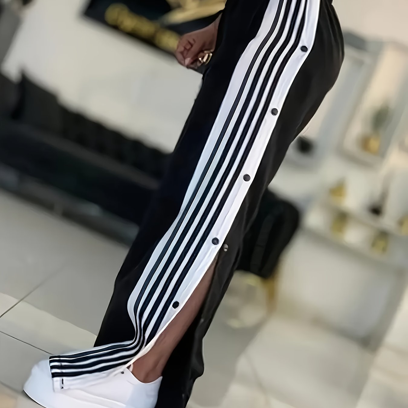 Plus Size - Women's Black And White Striped Wide-leg Ankle-cinching Casual Trousers - Elastic Cuff Fall/winter Street Style Pants, Machine Washable Non-stretch Fabric, Comfortable Pants Set