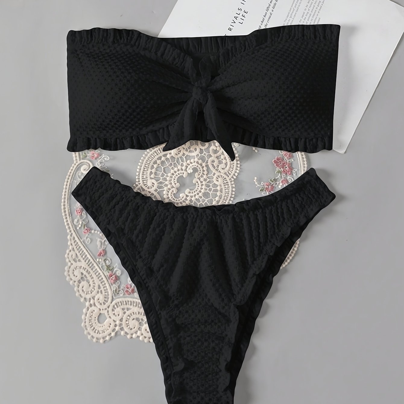 E-shop Damen 2-teiliger Bikini-Badeanzug – Trägerloser Bandeau-Top & Slip mit hoher Taille | Einfarbige Badebekleidung | Maschinenwaschbare Strandmode
