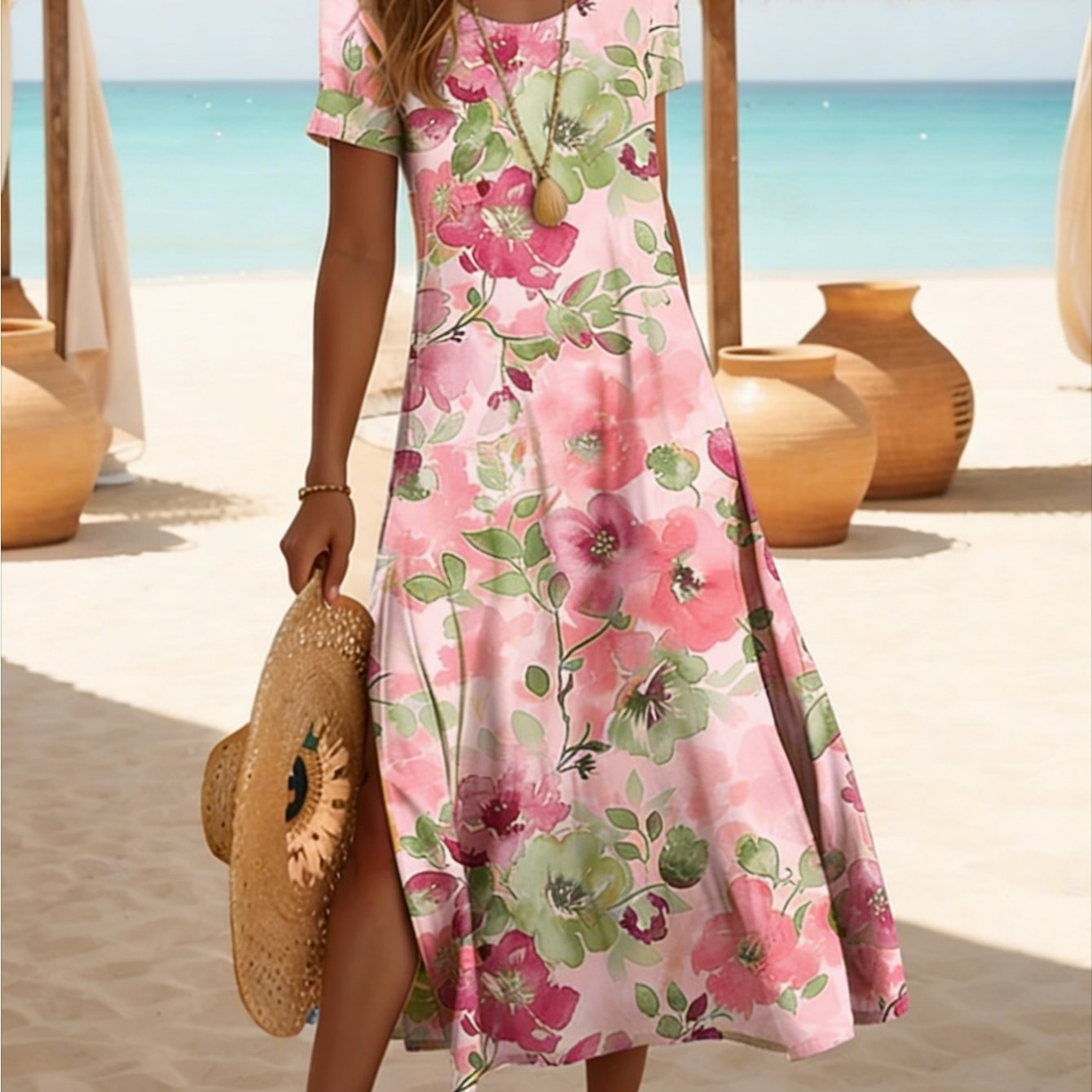 TEMU Plus Size, Women's Large A-line Midi Sundress - Short Sleeve Crewneck Summer Beach Dress With Floral Print In Yellow/pink/blue/purple, Loose For