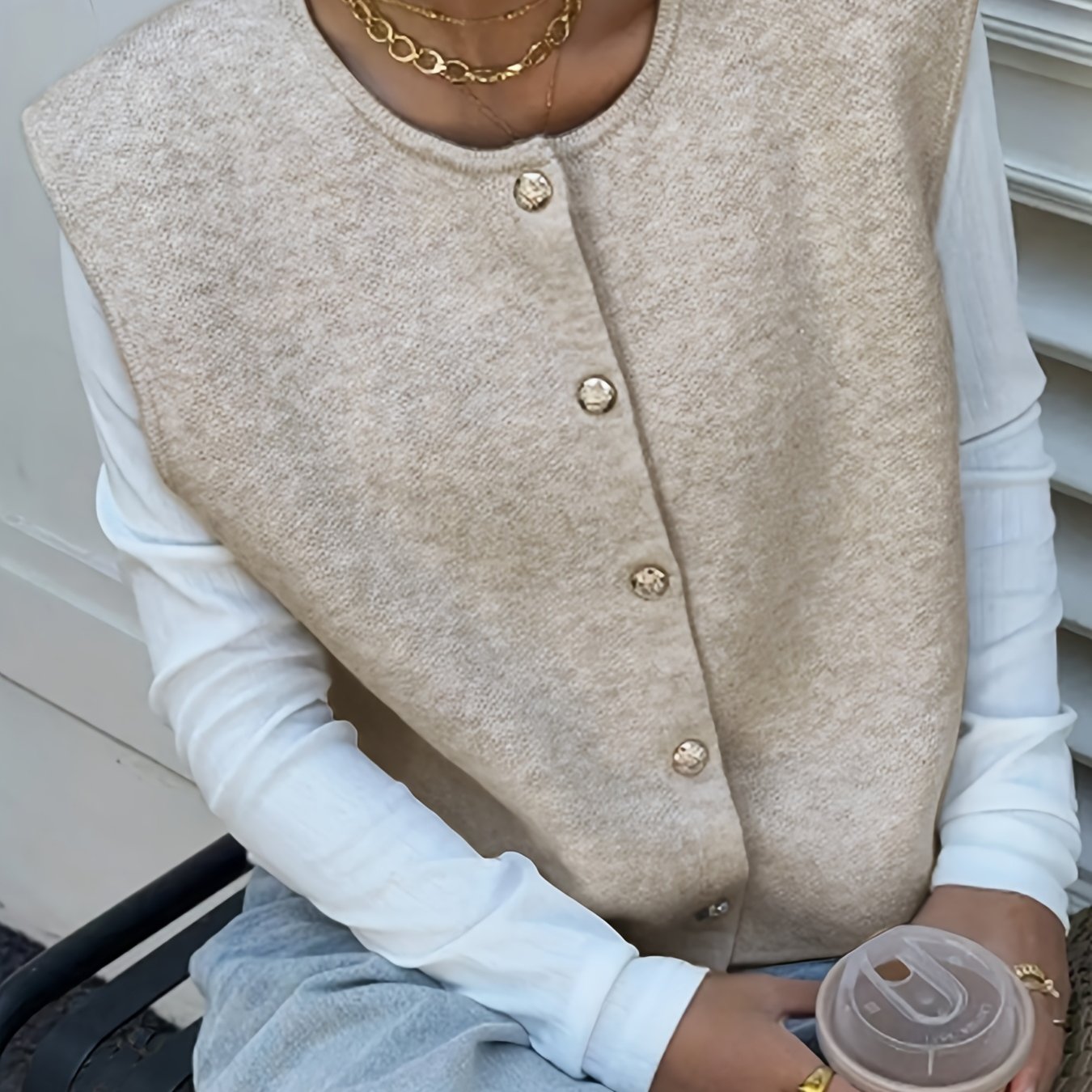 Image of Women's Sleeveless Vest With Open Collar & Button Front - Solid Color Ribbed Detailing, Medium Stretch Elegant Office To Casual Wear For Spring/fall, Ladies Vests, Casual Wear, Textured Knitwear